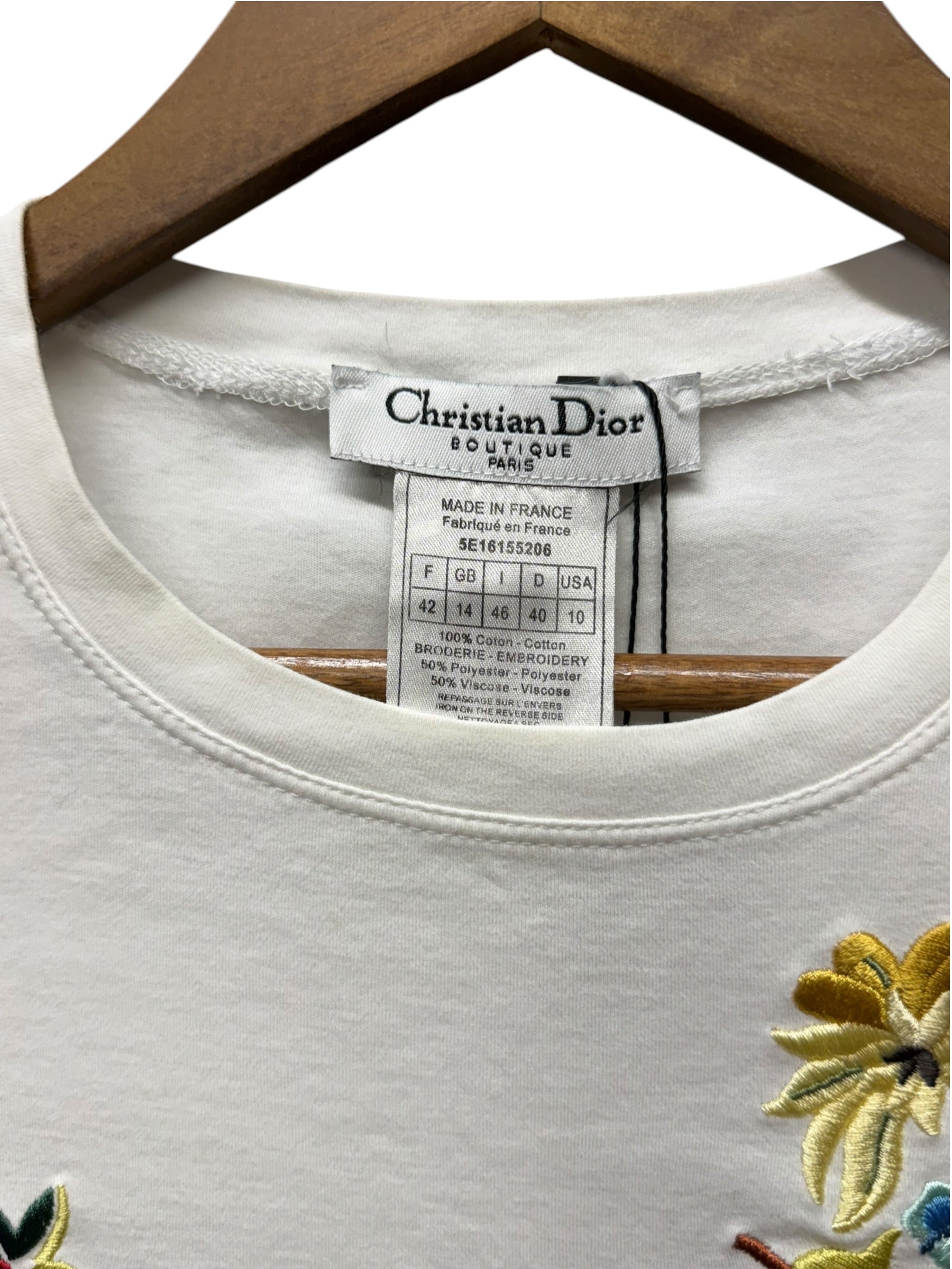 Christian Dior White Floral Embroidered Trotter Logo Short Sleeve T-Shirt