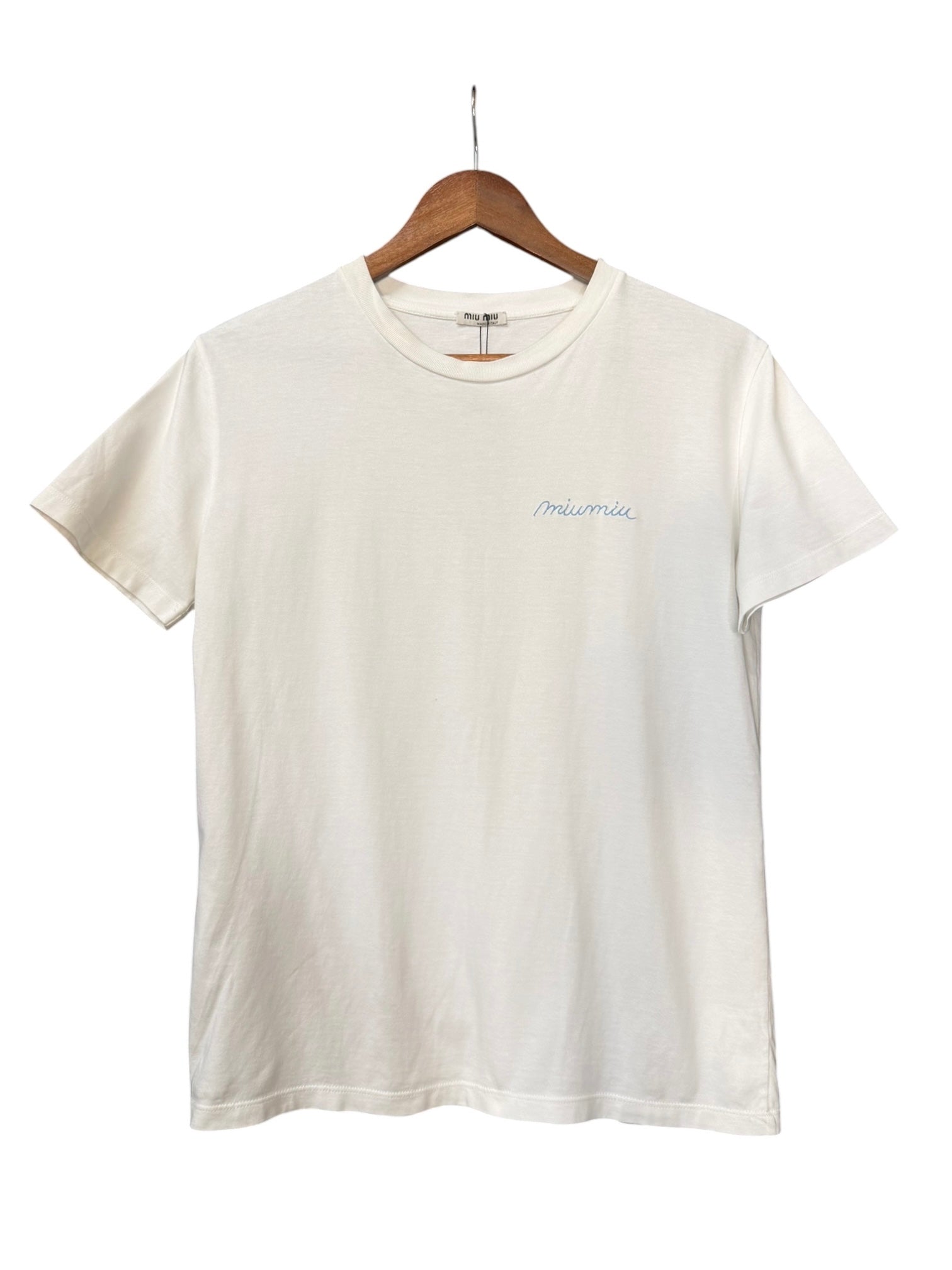 Miu Miu White Blue Embroidered Logo T-Shirt