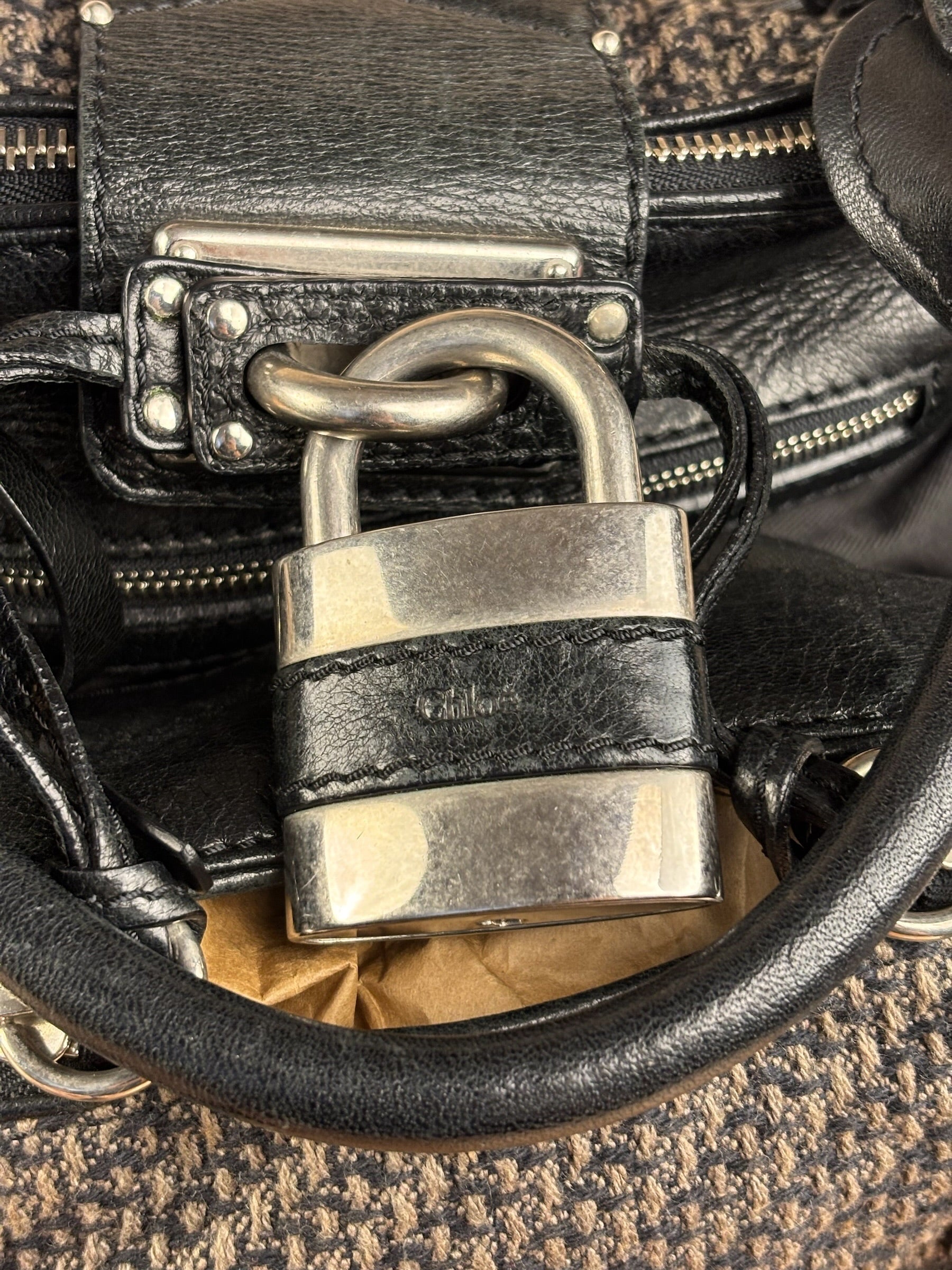 Chloe Black Tweed Leather Paddington Shoulder Bag