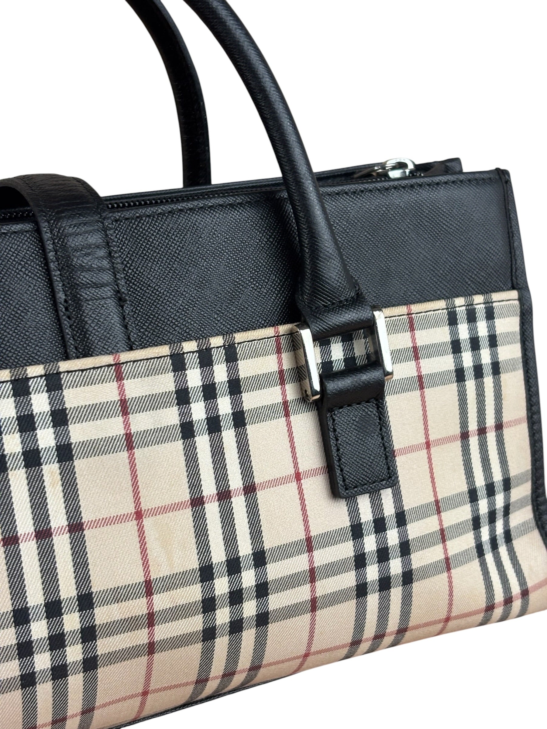 Burberry Vintage Leather Trim House Check Top Handle Bag