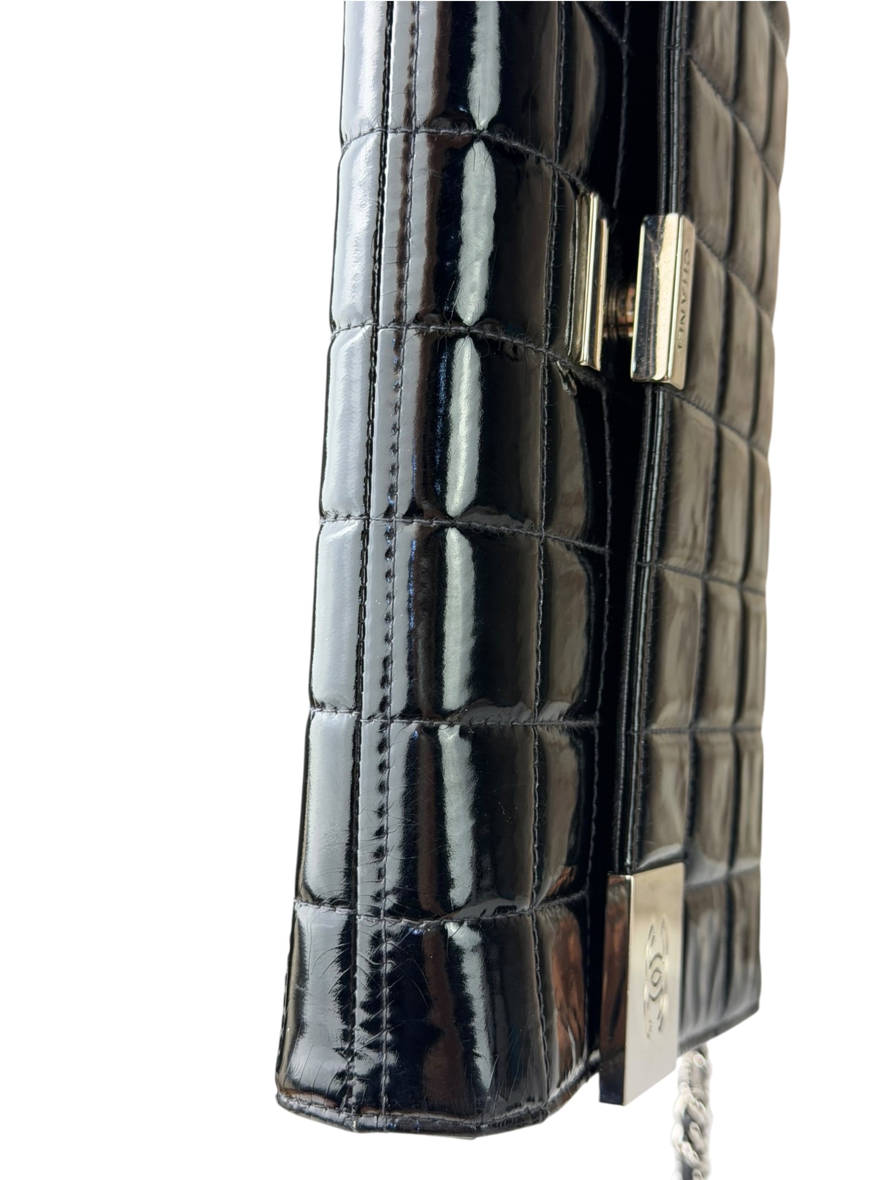 Chanel Black Patent Leather Chocolate Bar Flap Bag 2000