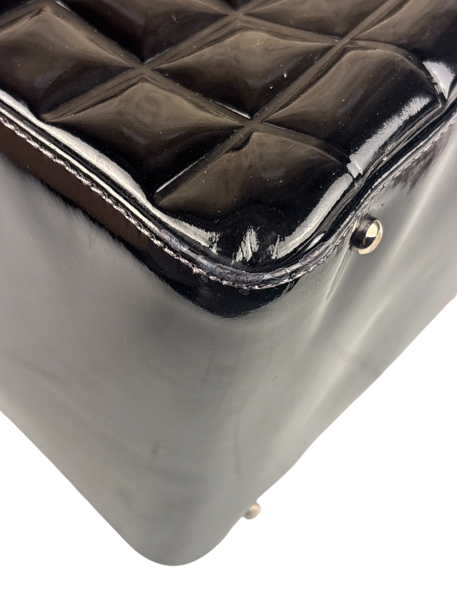 Chanel Black Leather Patent Chocolate Bar Bowler Hand Bag