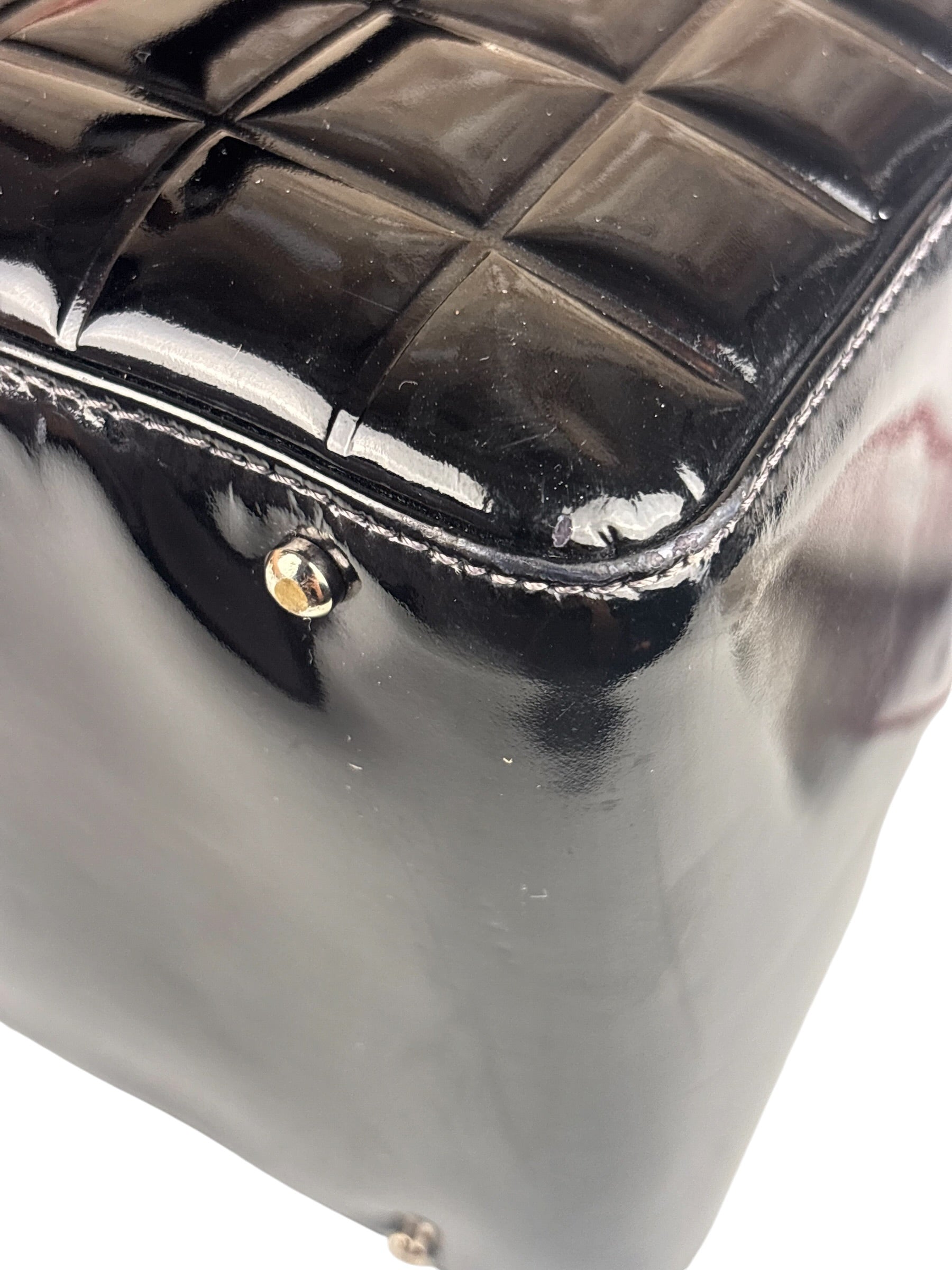 Chanel Black Leather Patent Chocolate Bar Bowler Hand Bag