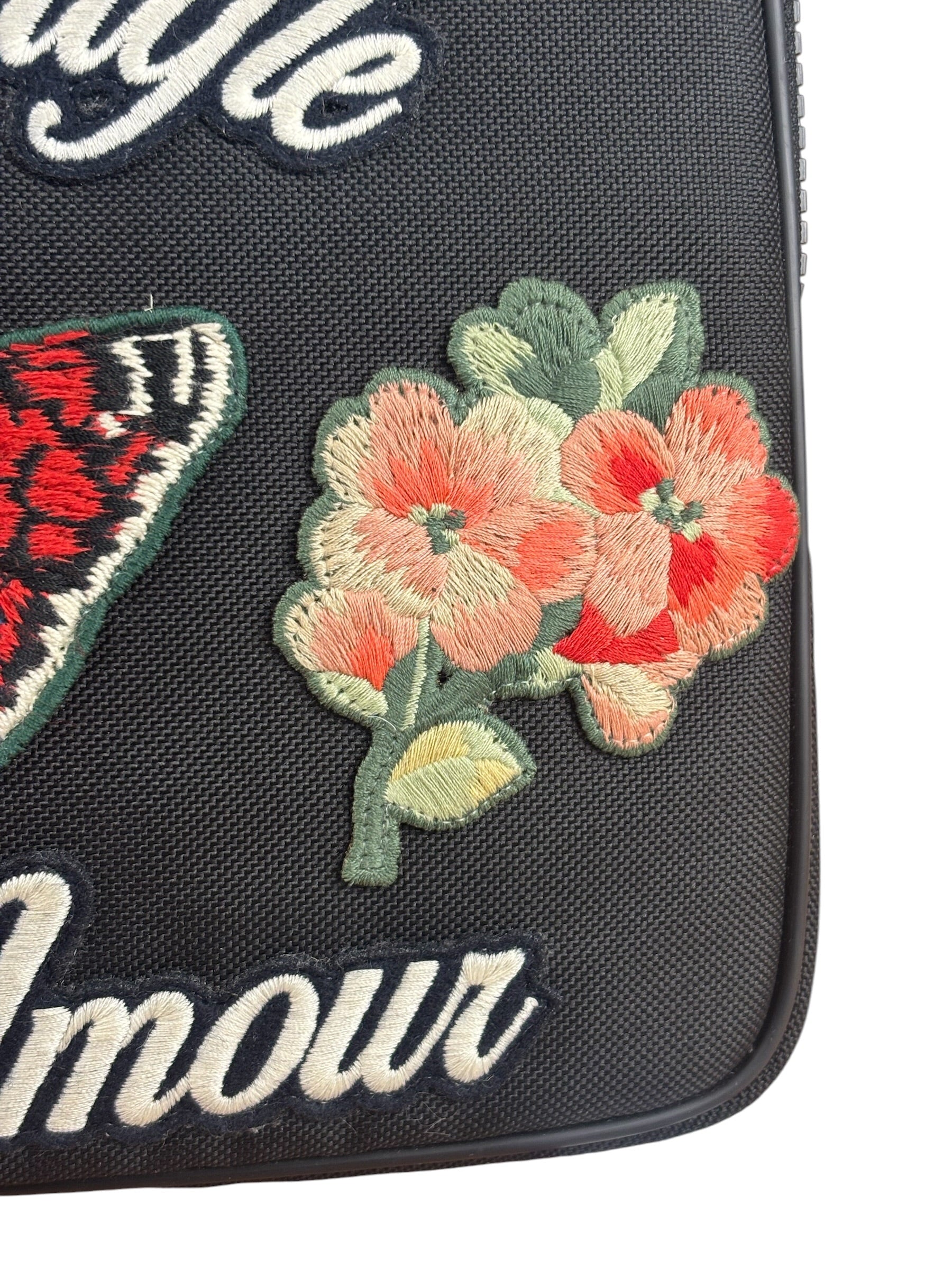 Gucci Black Nylon Butterfly Embroidered Zip Pouch