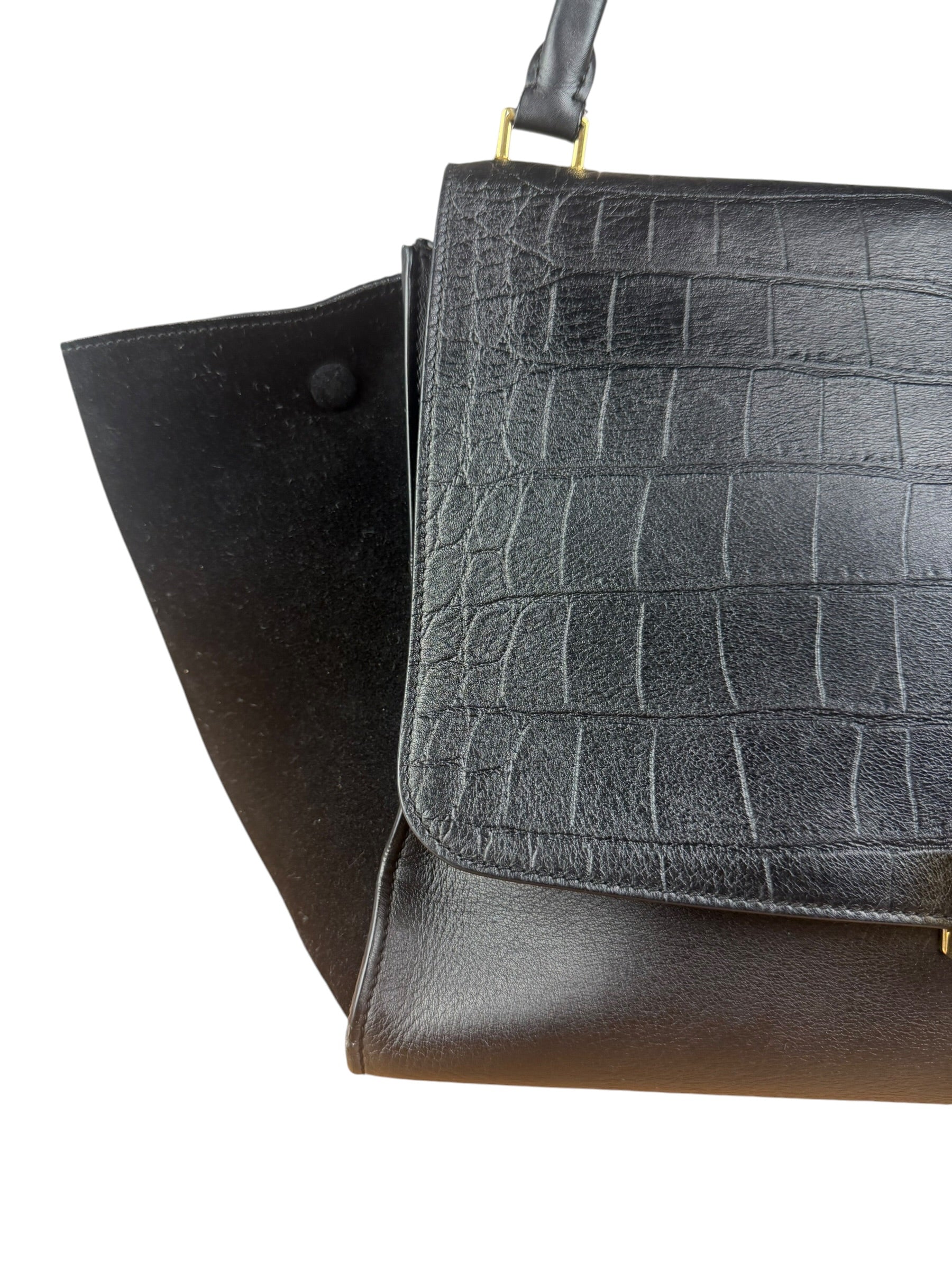 Celine Black Croc- Embossed Leather Trapeze Handbag