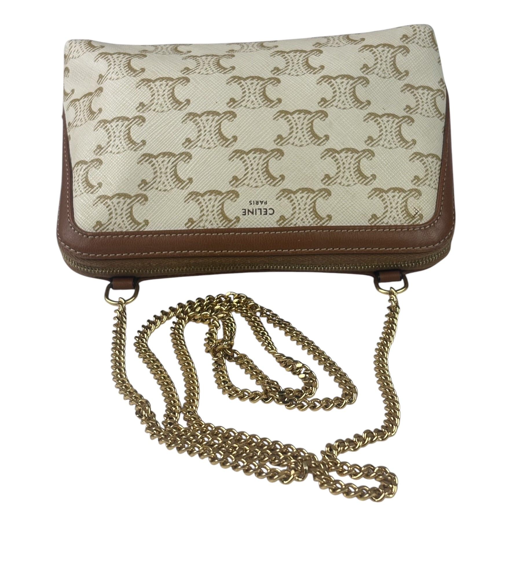 Celine Beige/Brown Leather Triomphe Chain Clutch