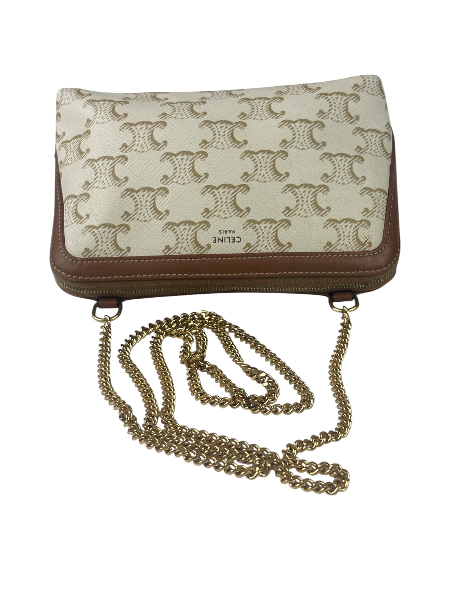 Celine Beige/Brown Leather Triomphe Chain Clutch