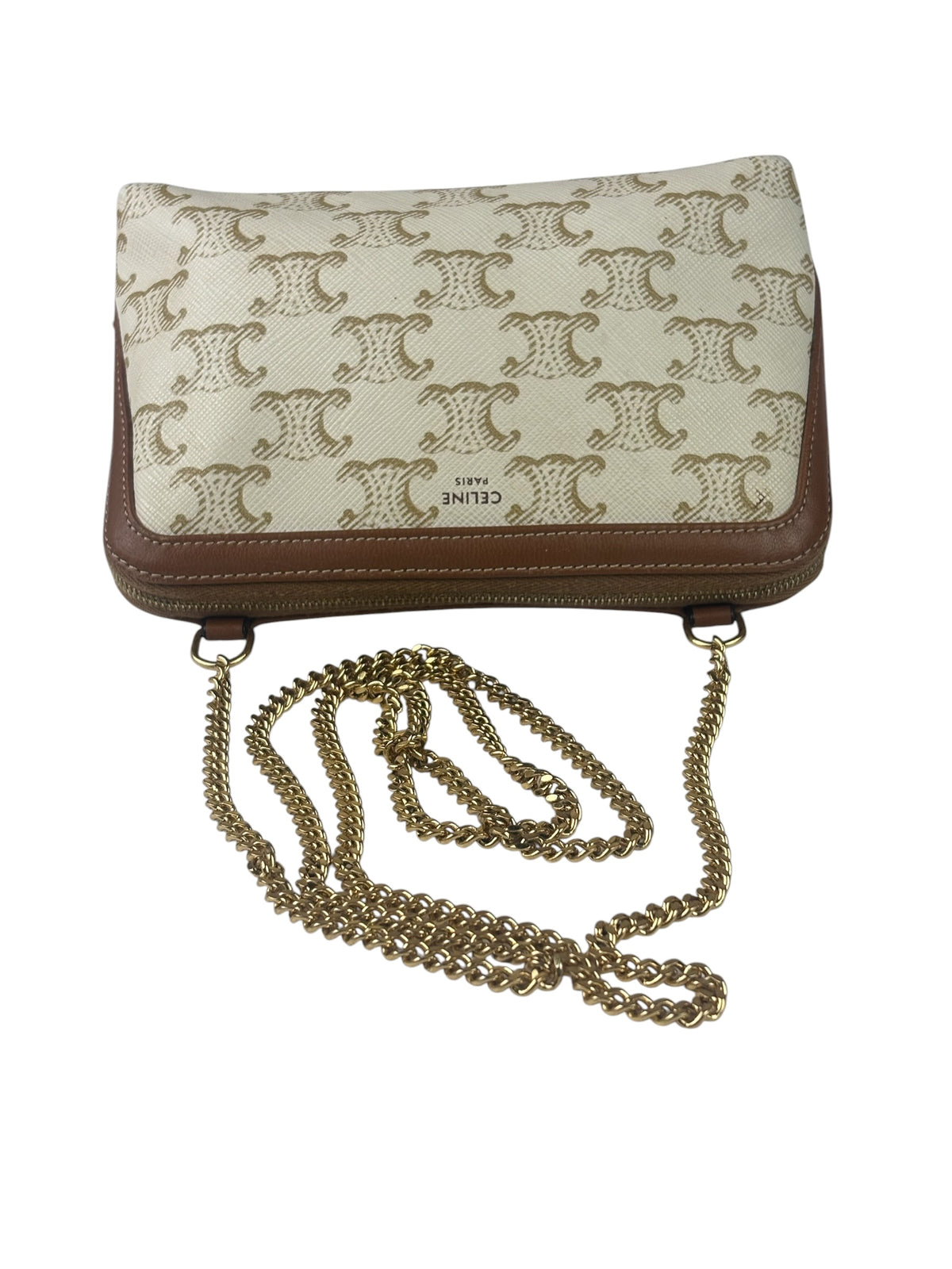 Celine Beige/Brown Leather Triomphe Chain Clutch