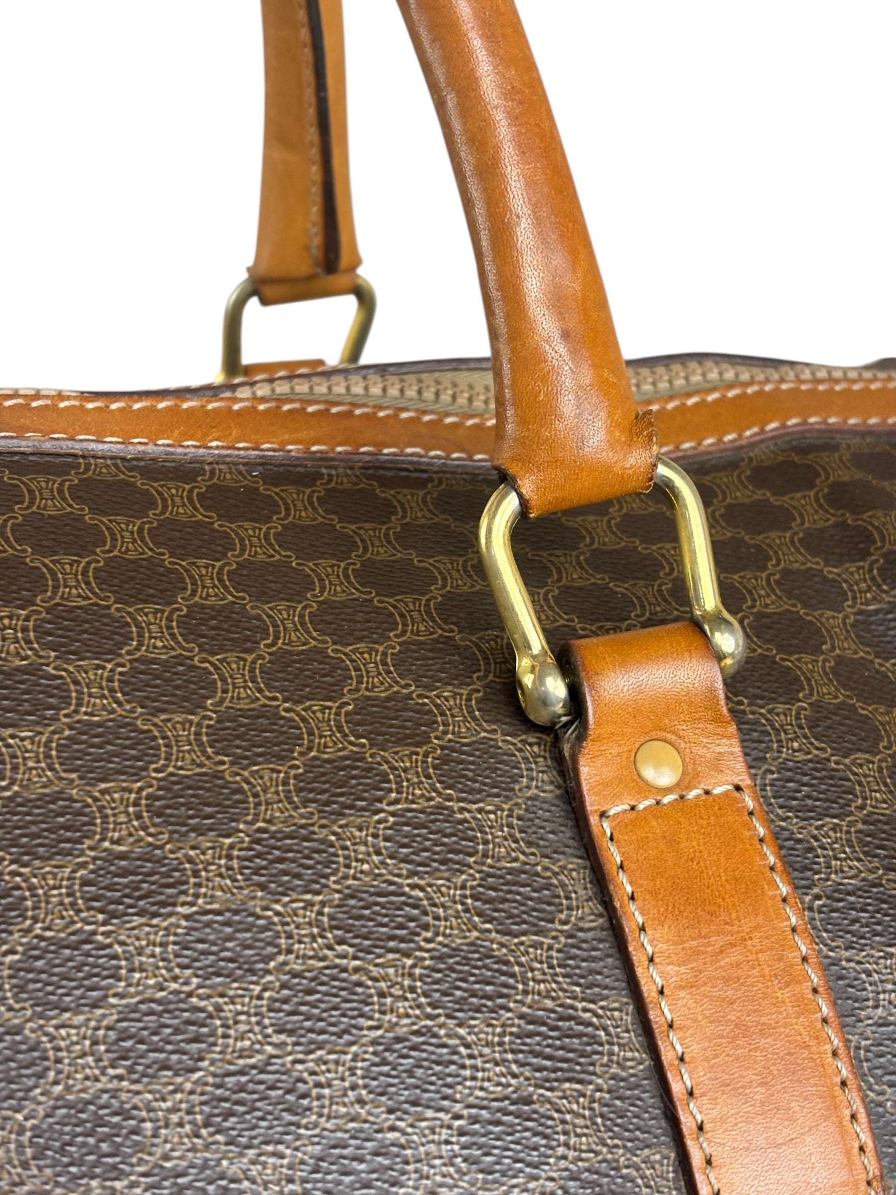 Celine Brown Leather Canvas Macadam Travel Handbag