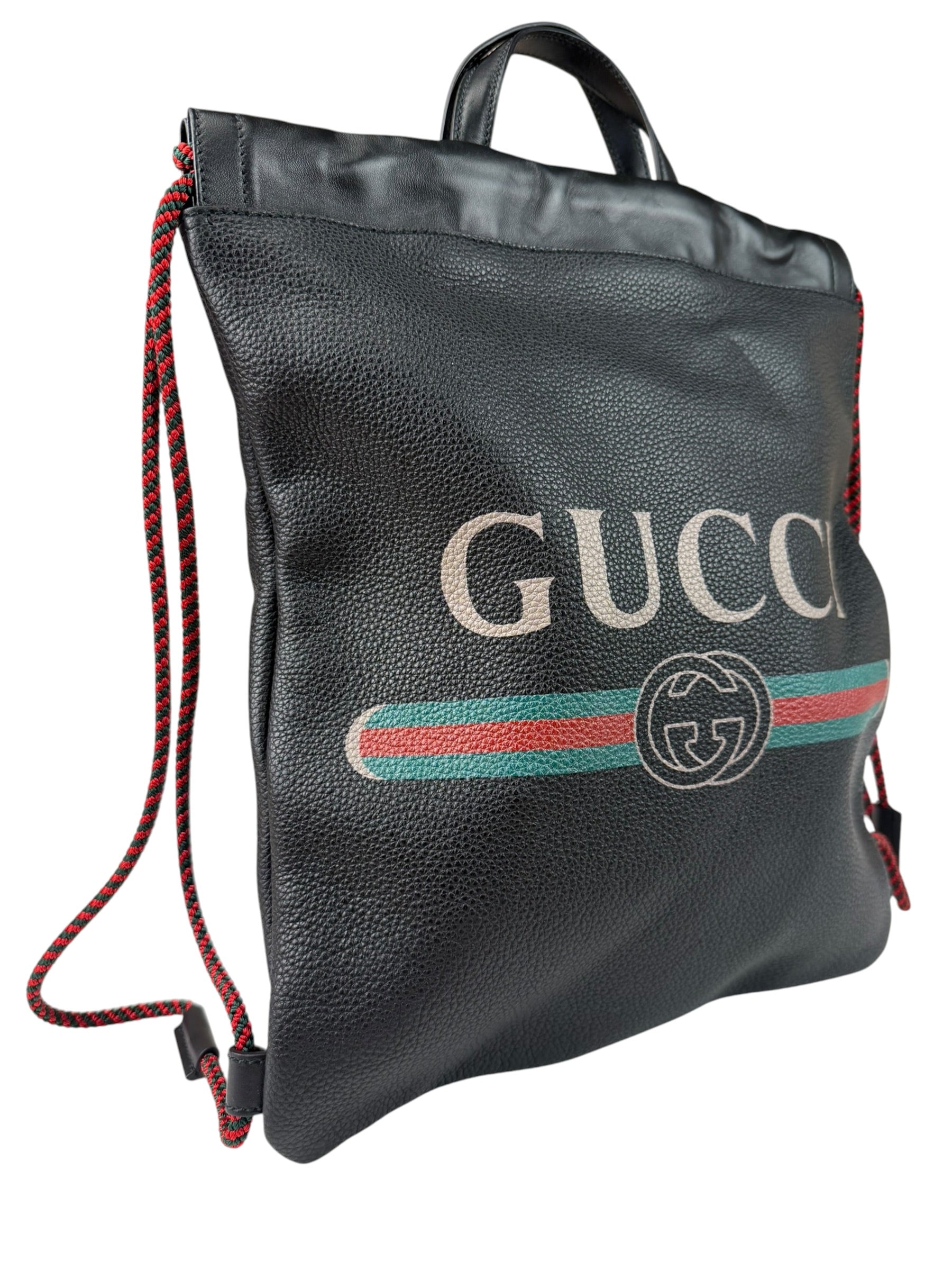 Gucci Black Leather Drawstring Backpack