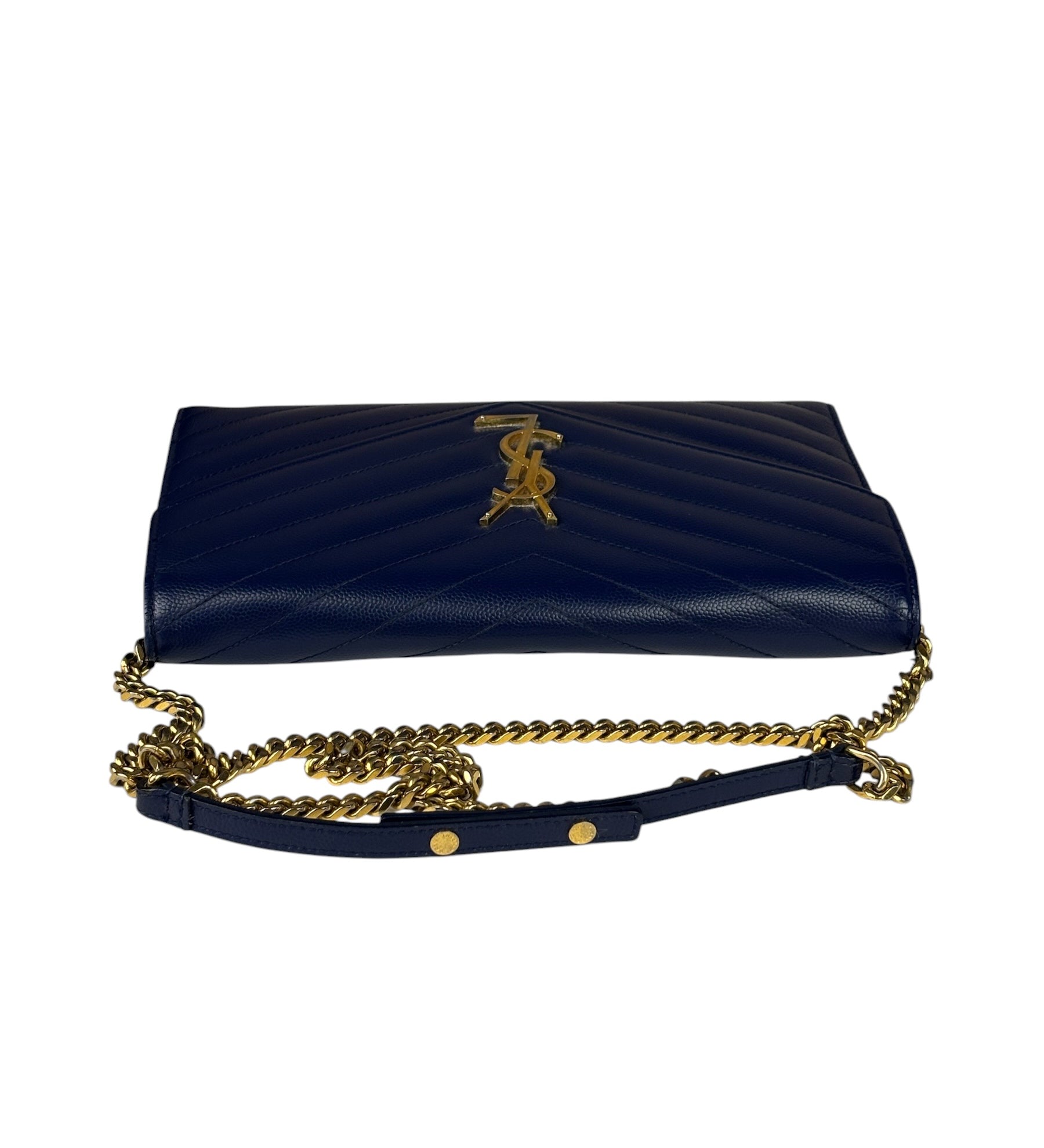 YSL Navy Blue Chevron Leather Cassandre Envelope Wallet On Chain