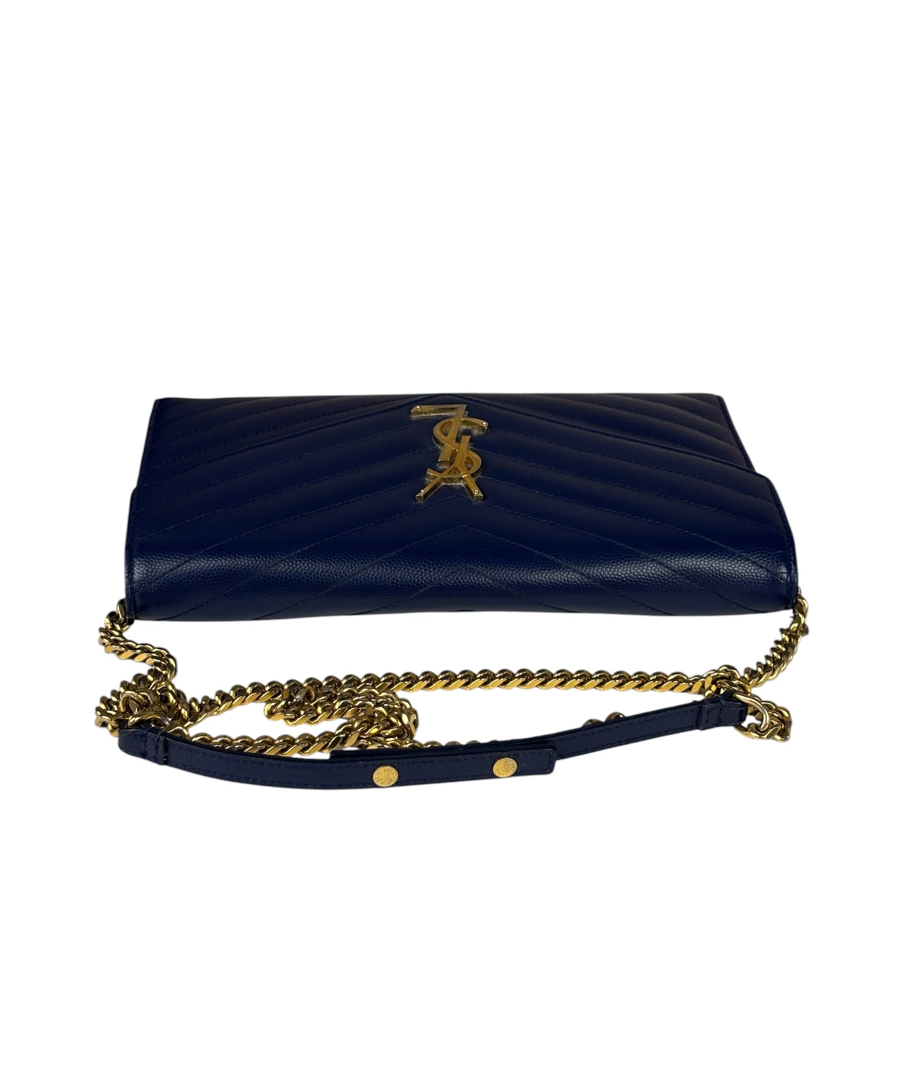 YSL Navy Blue Chevron Leather Cassandre Envelope Wallet On Chain