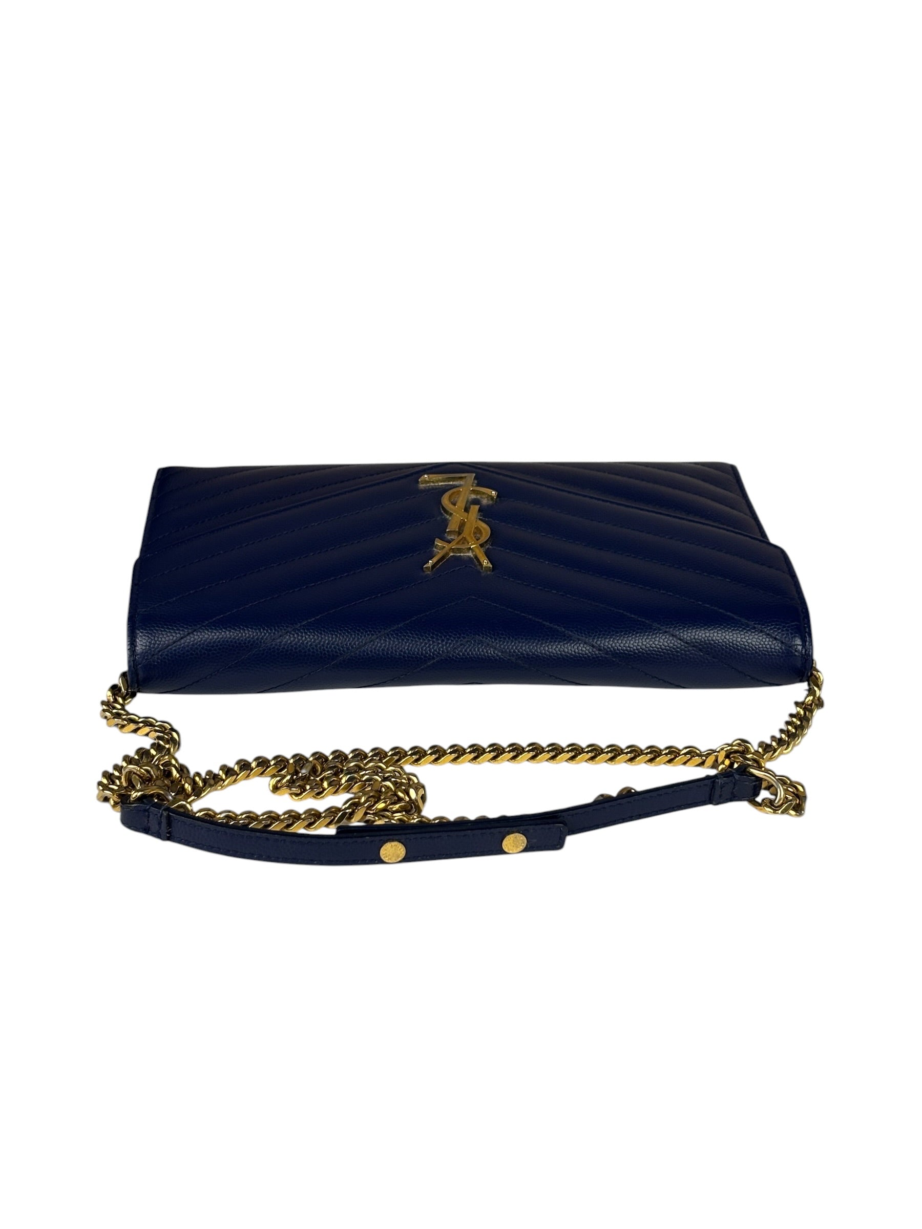 YSL Navy Blue Chevron Leather Cassandre Envelope Wallet On Chain