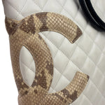 Chanel White Calfskin Quilted Python-Embossed Ligne Cambon Flat Tote Bag 2004