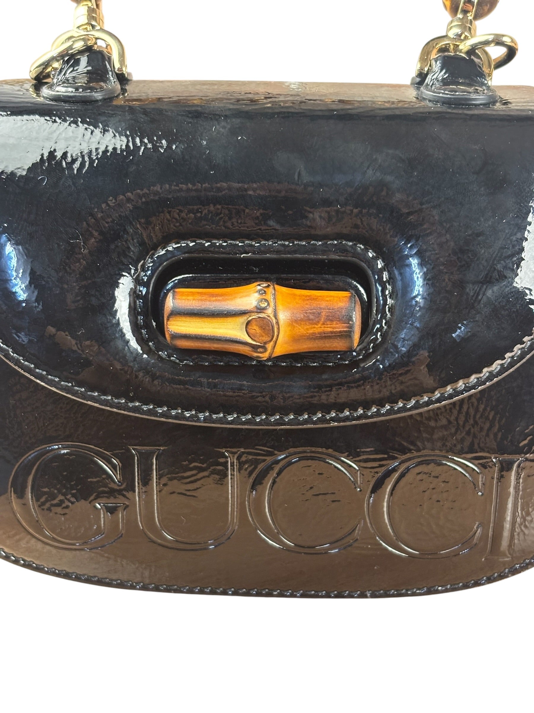 Gucci Bamboo Mini Top Handle Patent Leather Black