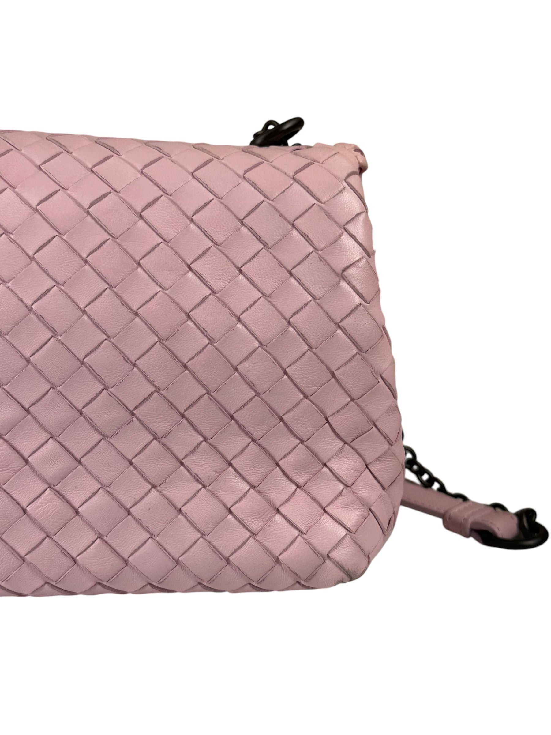 Bottega Veneta Baby Pink Leather Intrecciato Embroidered Flap Bag