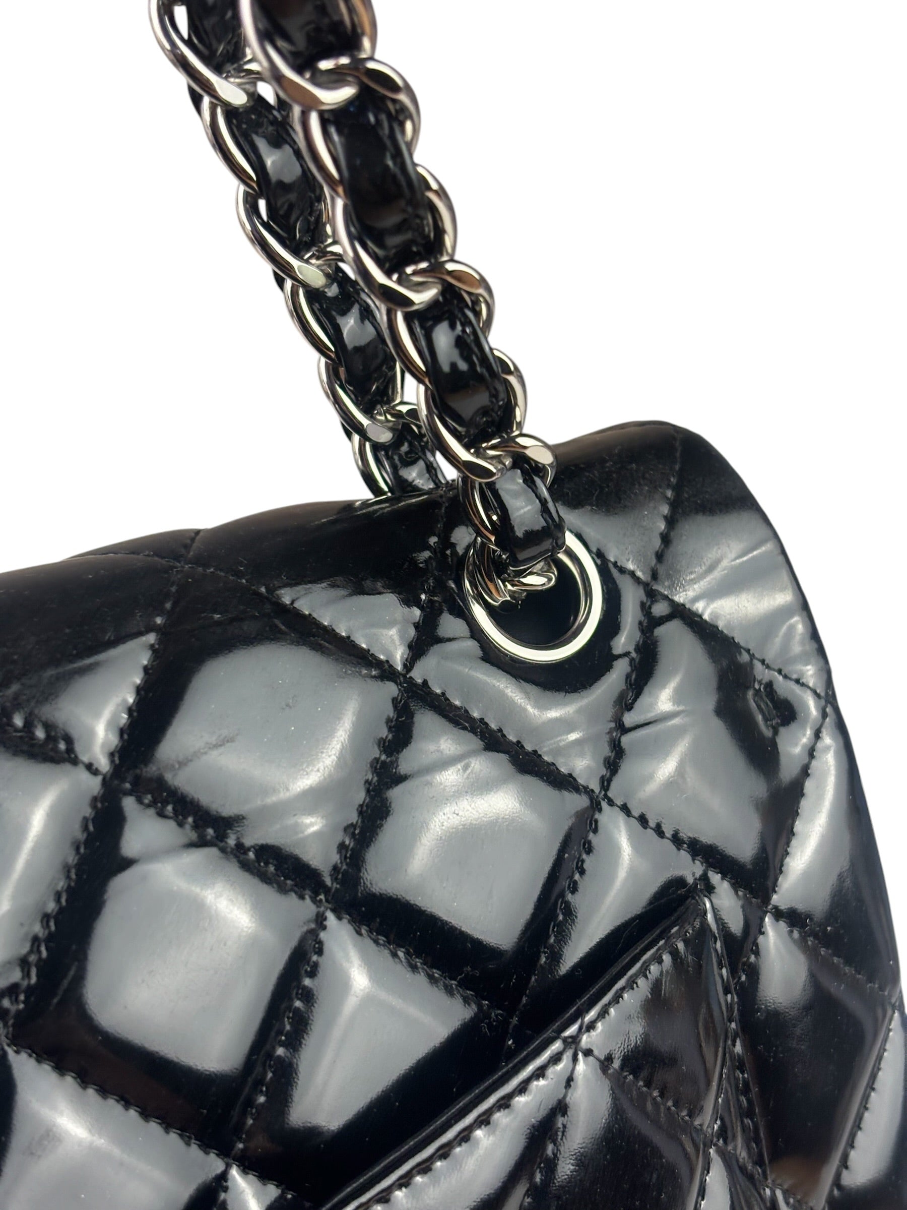 Chanel Black Patent Leather Quilted Leather Double Flap Jumbo Bag 2012