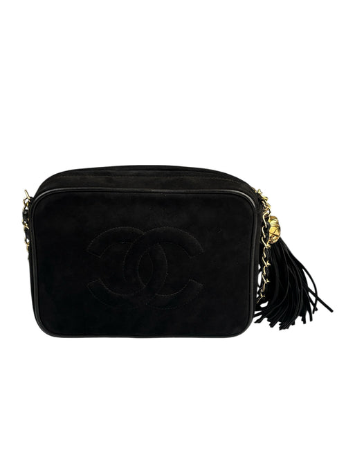 Chanel Vintage Black Suede CC Tassel Camera Bag 1989