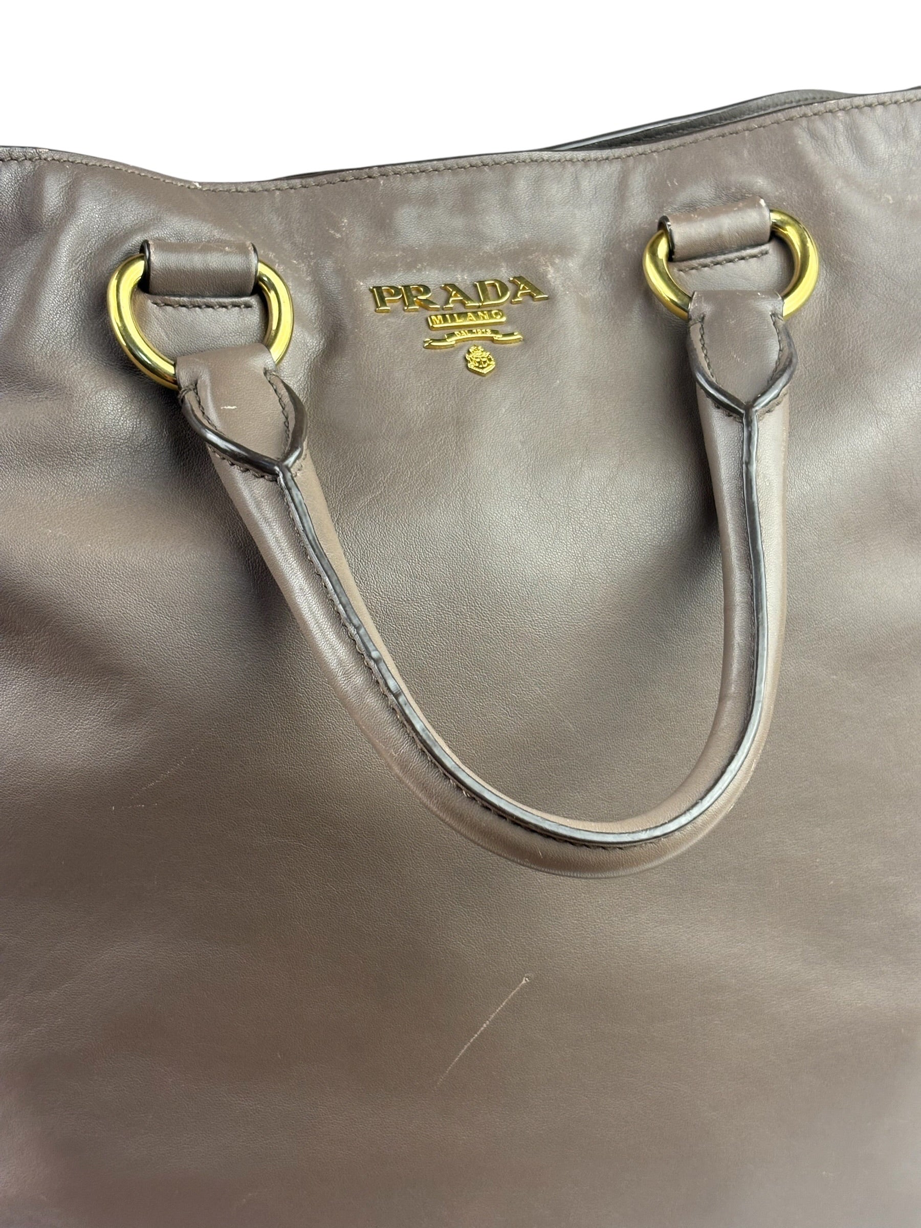 Prada Neutral Taupe Vitello Daino Leather Side Zip Large Shopper Tote