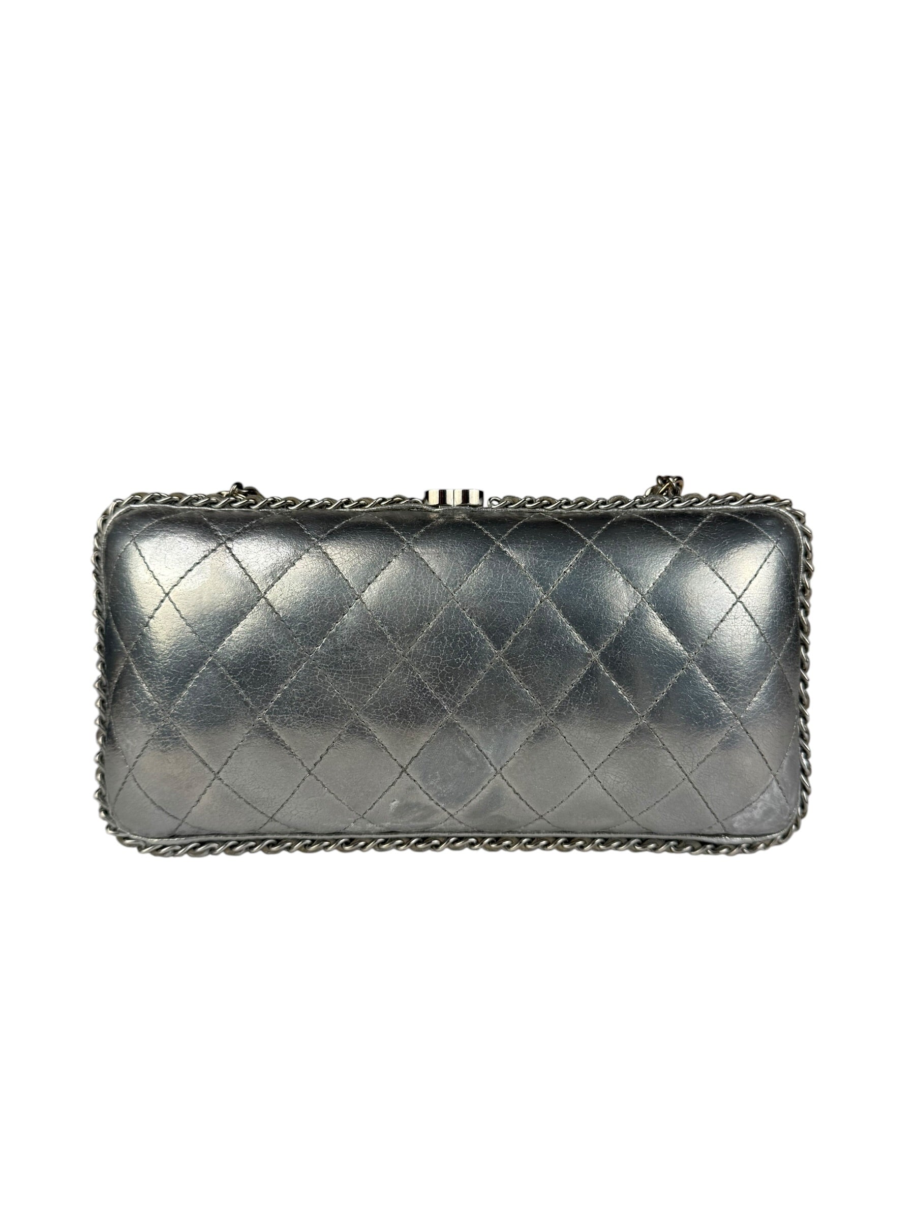 Chanel Metallic Silver Quilted Chain Around Clutch Shoulder Bag 2011