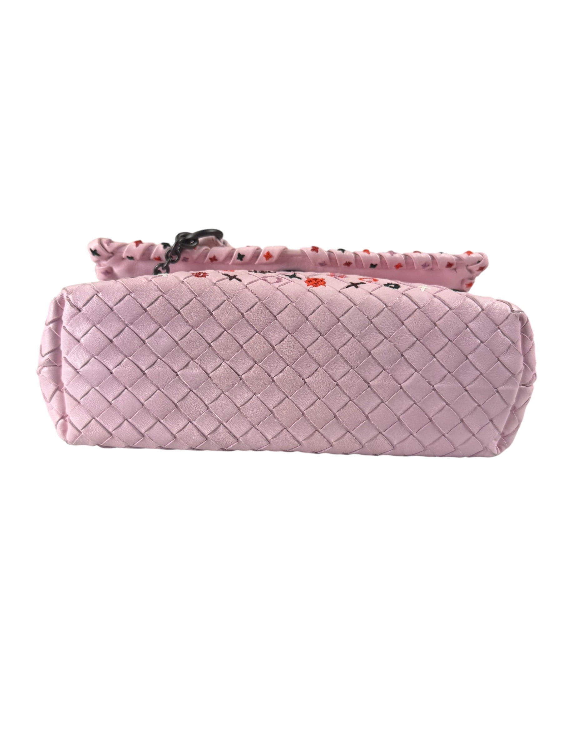 Bottega Veneta Baby Pink Leather Intrecciato Embroidered Flap Bag