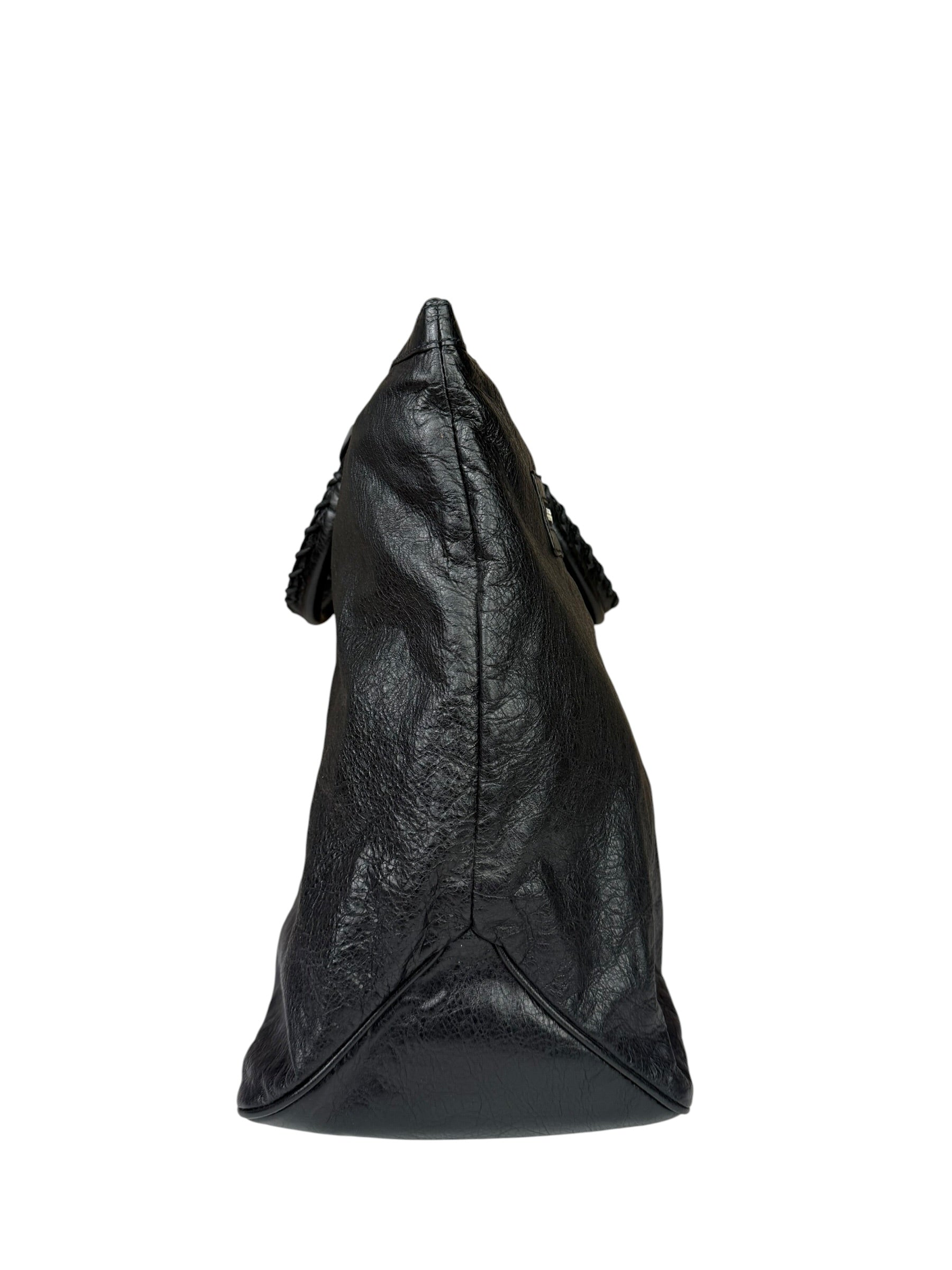 Balenciaga Black Leather Moto Bridge Zip Overnight Tote