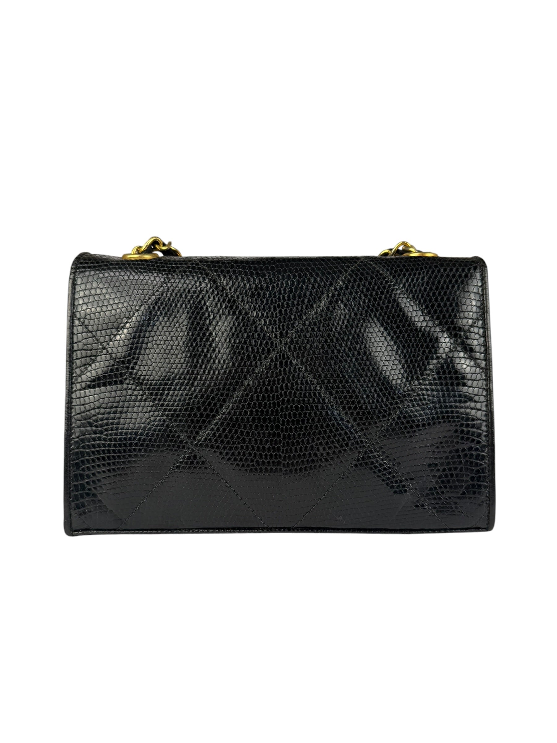 Chanel Vintage Black Lizard Leather Chain Flap Bag 1987