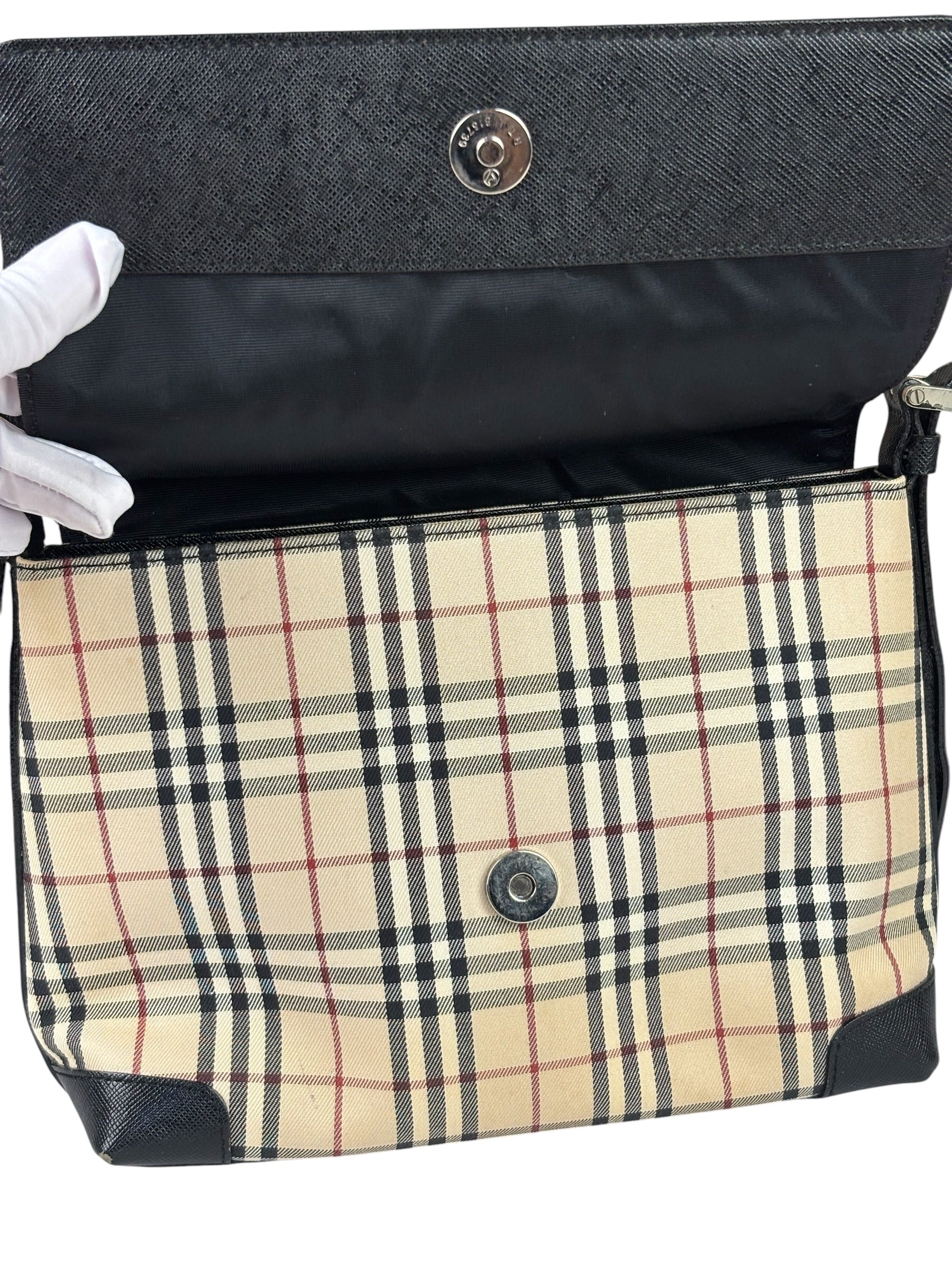 Burberry Black Leather Trim House Check Flap Crossbody Bag