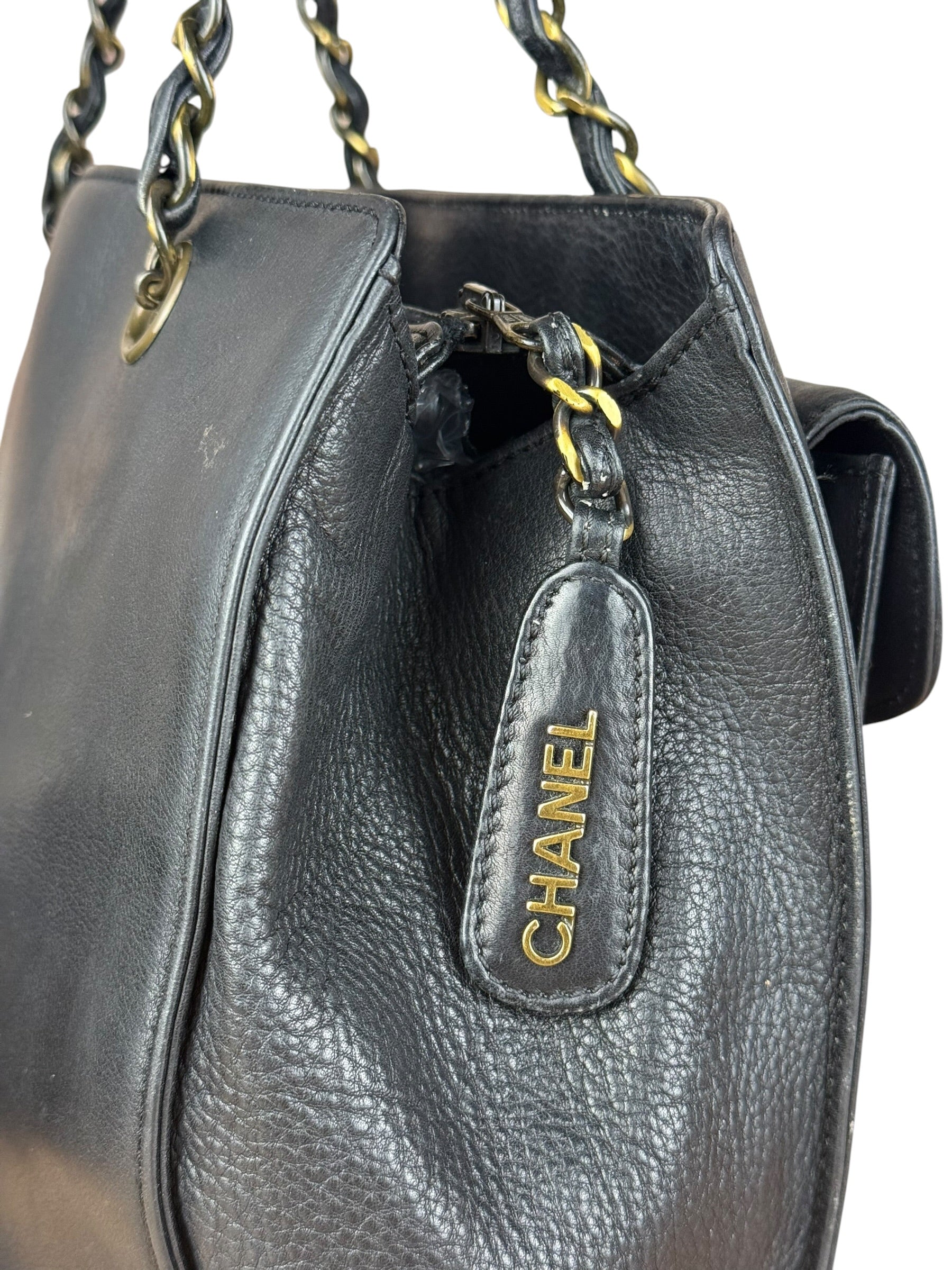 Chanel Black Leather Front Pocket Chain Tote 1998