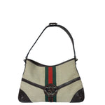 Gucci Brown/Beige Leather Trim Reins Canvas Web Hobo Bag