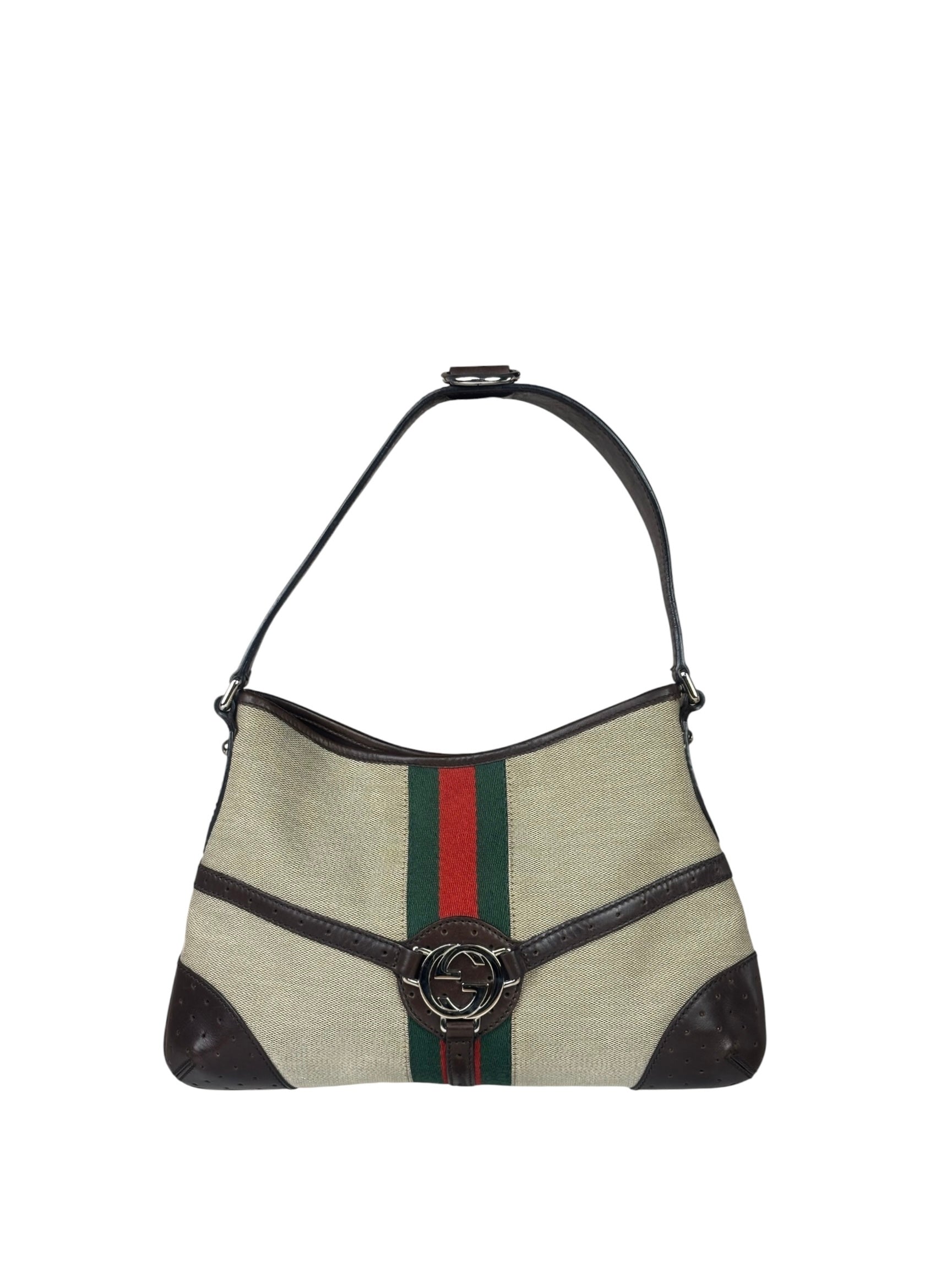 Gucci Brown/Beige Leather Trim Reins Canvas Web Hobo Bag