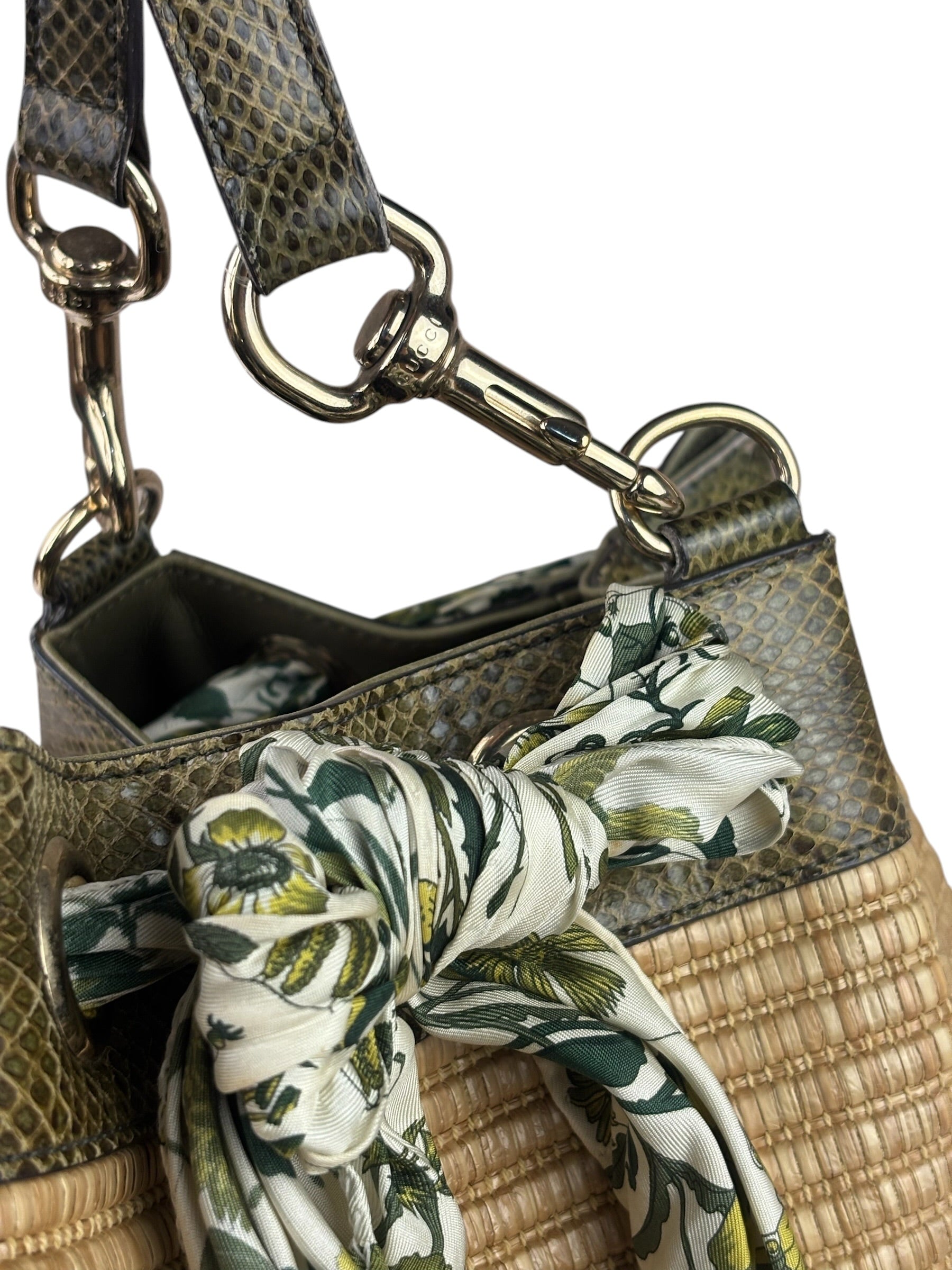 Gucci Brown Snakeskin Trim Large Raffia Positano Tote