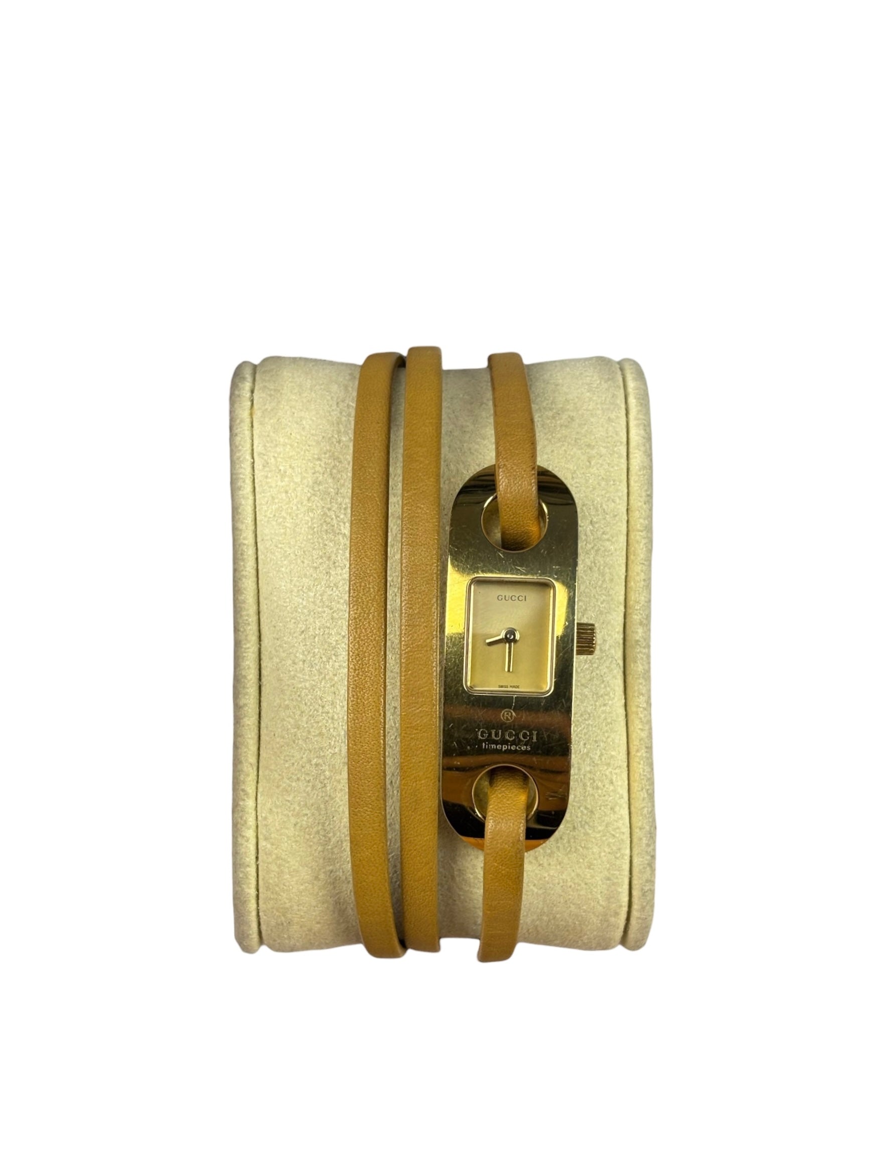 Gucci 6100L Champagne Dial Brown Leather Wrap Strap