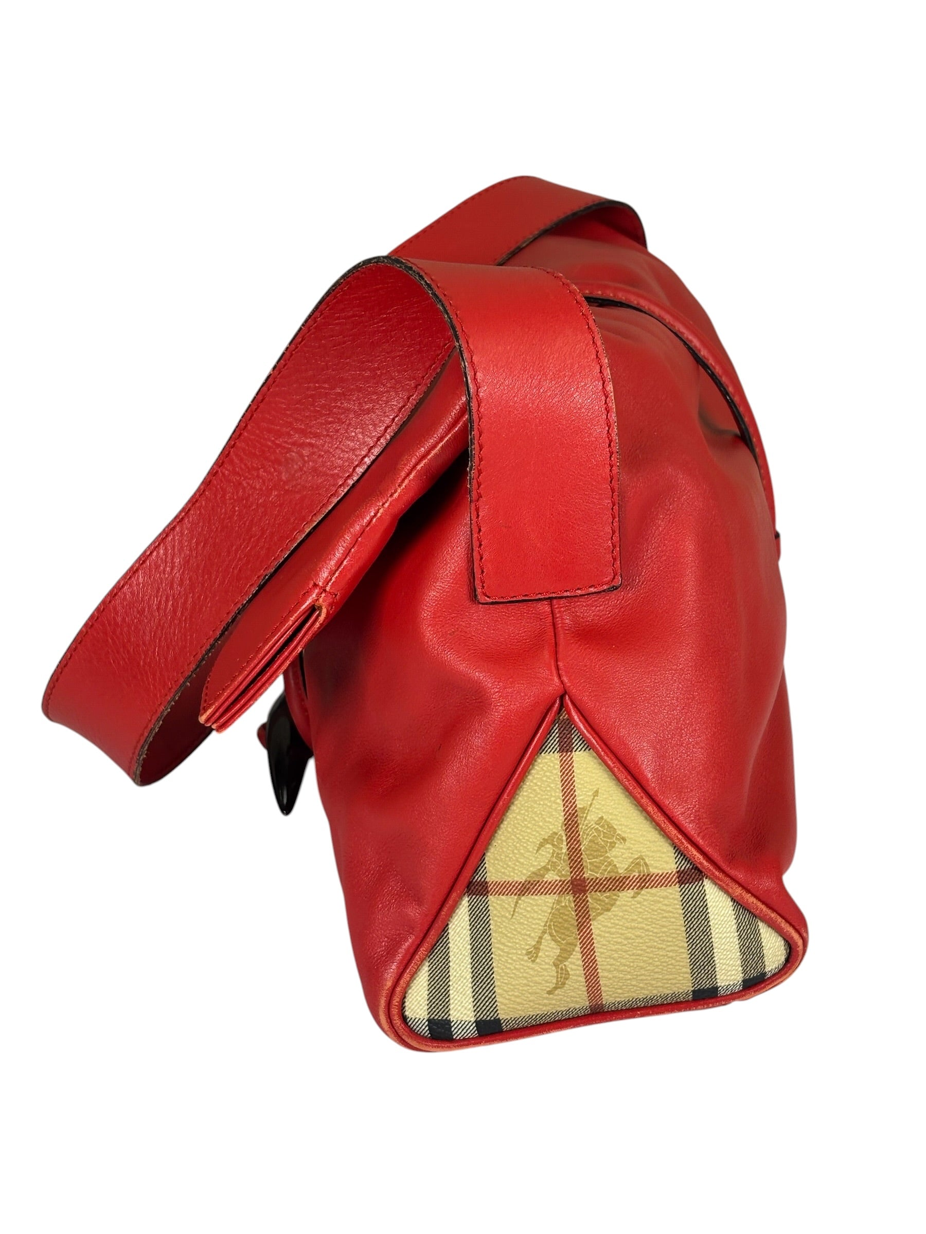 Burberry Red Leather Haymarket Check Shoulder Bag