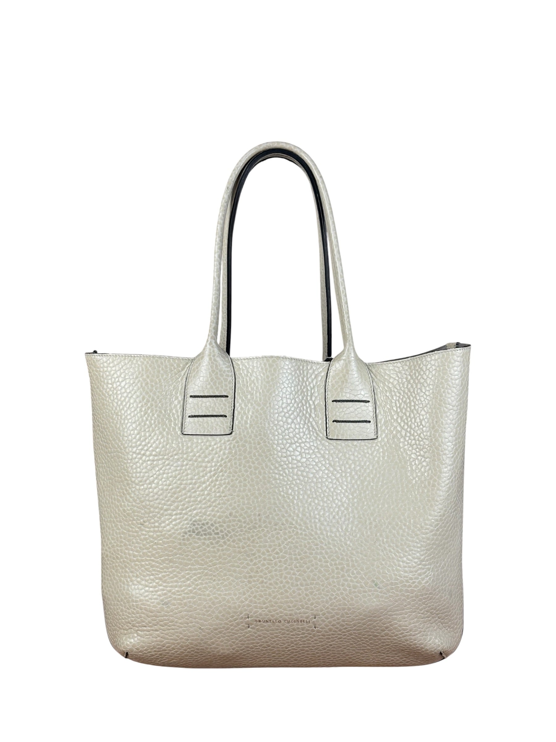 Brunello Cucinelli Ivory Grained Leather Tote Bag