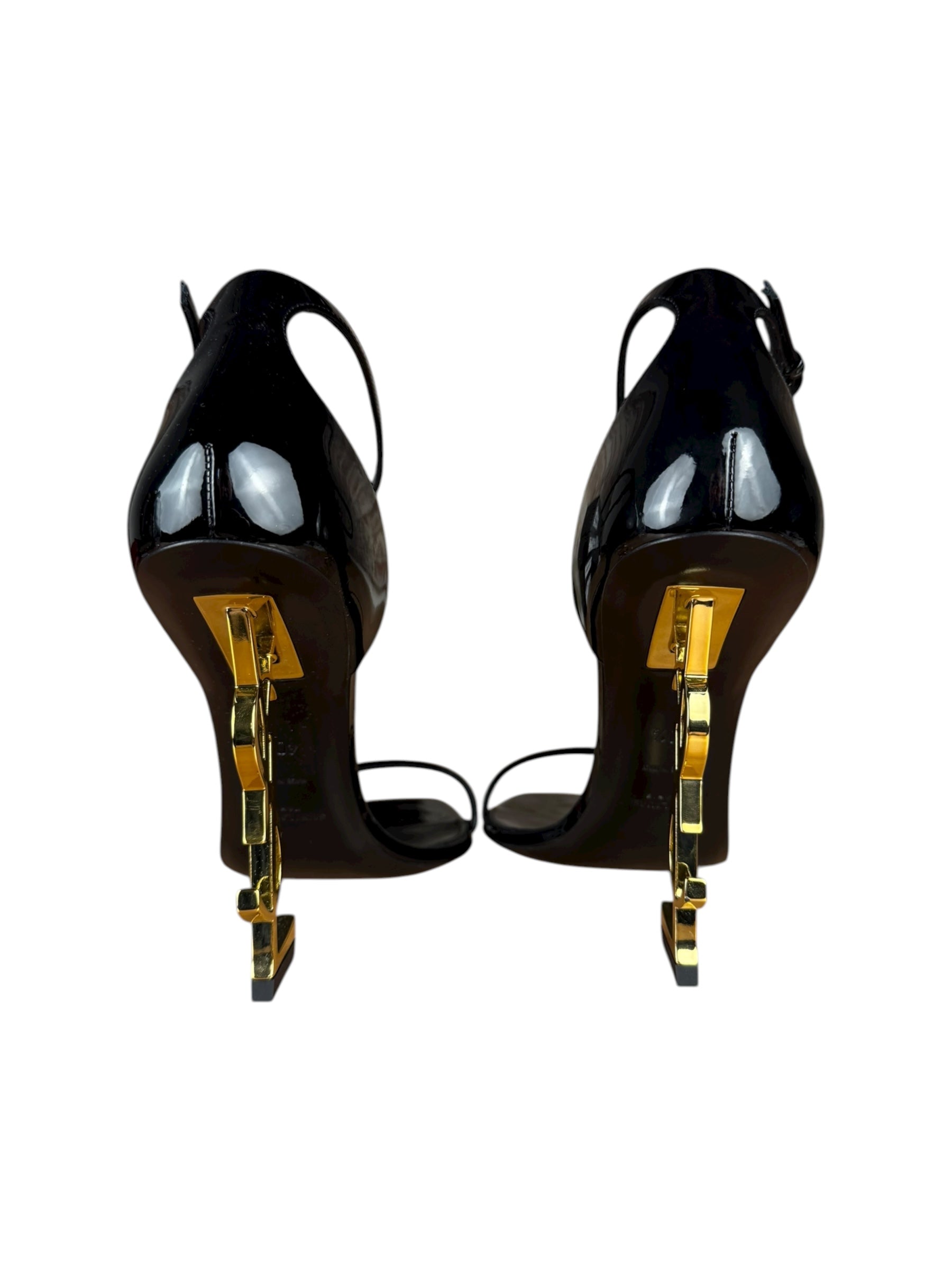 Saint Laurent Glossy Black Gold Logo Heels