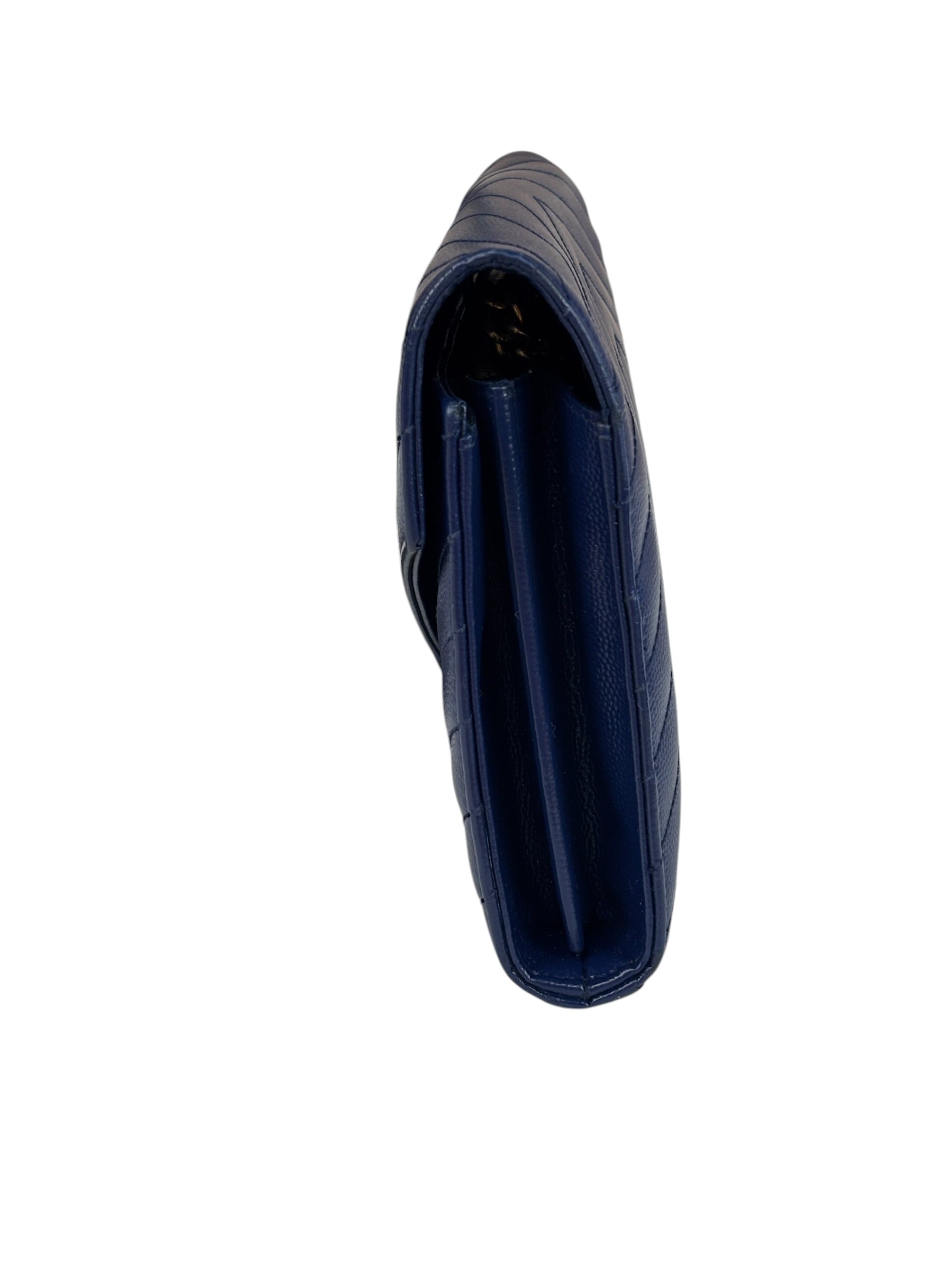 YSL Navy Blue Chevron Leather Cassandre Envelope Wallet On Chain