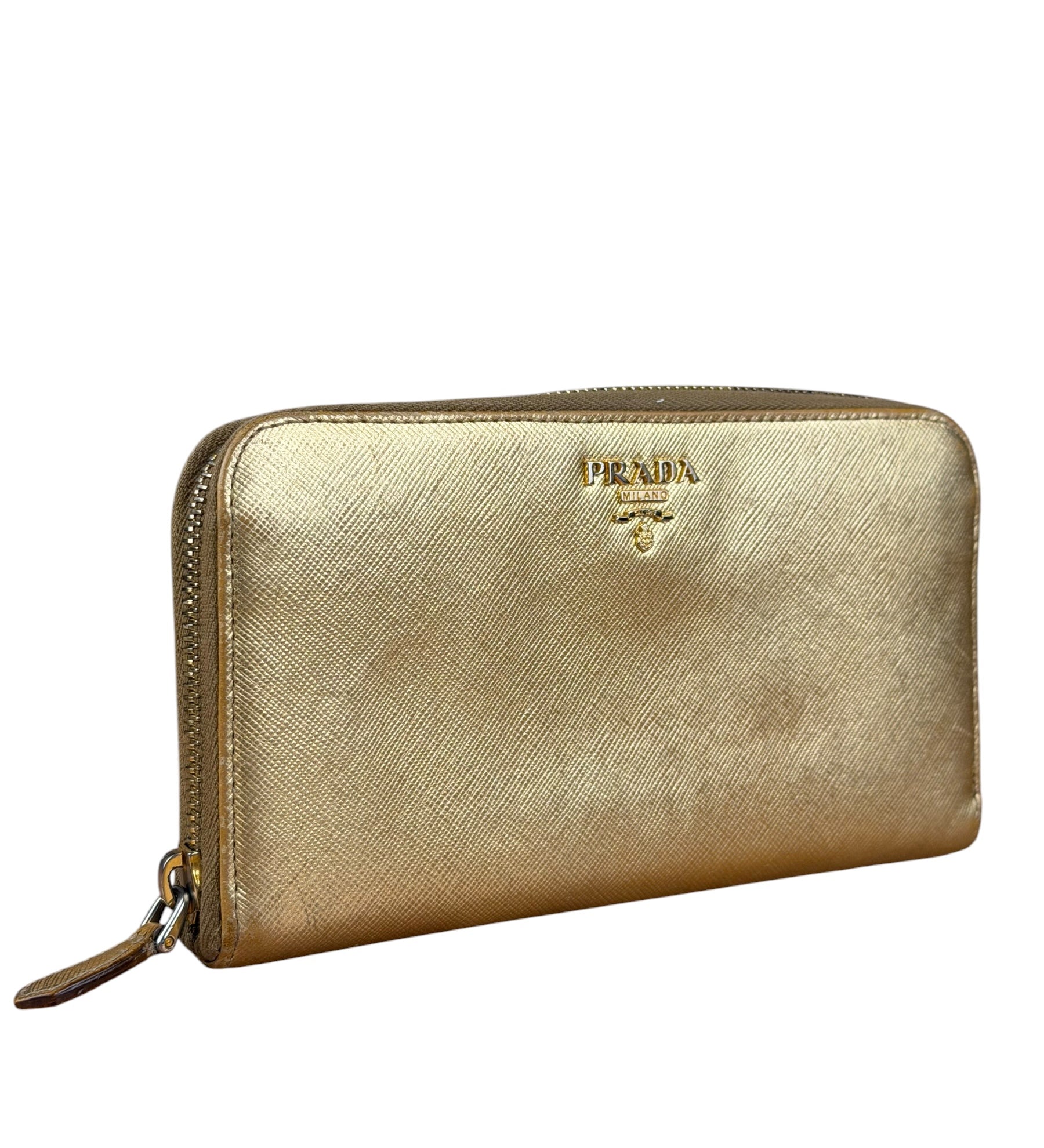 Prada Metallic Gold Saffiano Leather Zip-Around Wallet