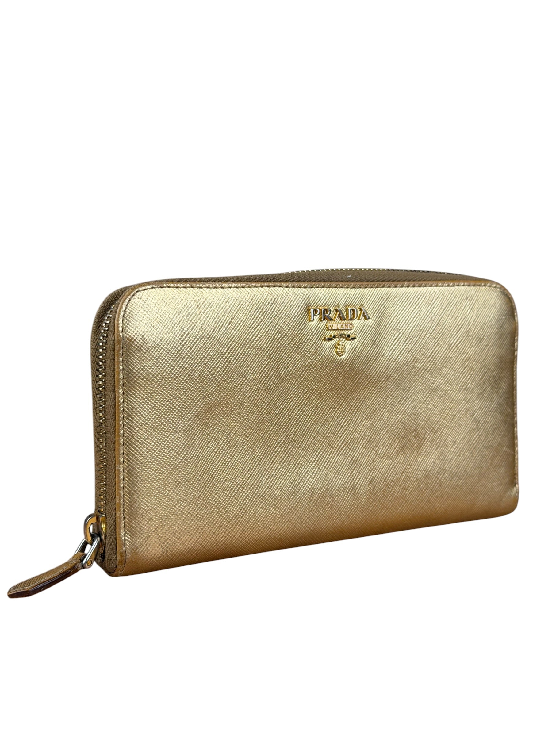 Prada Metallic Gold Saffiano Leather Zip-Around Wallet