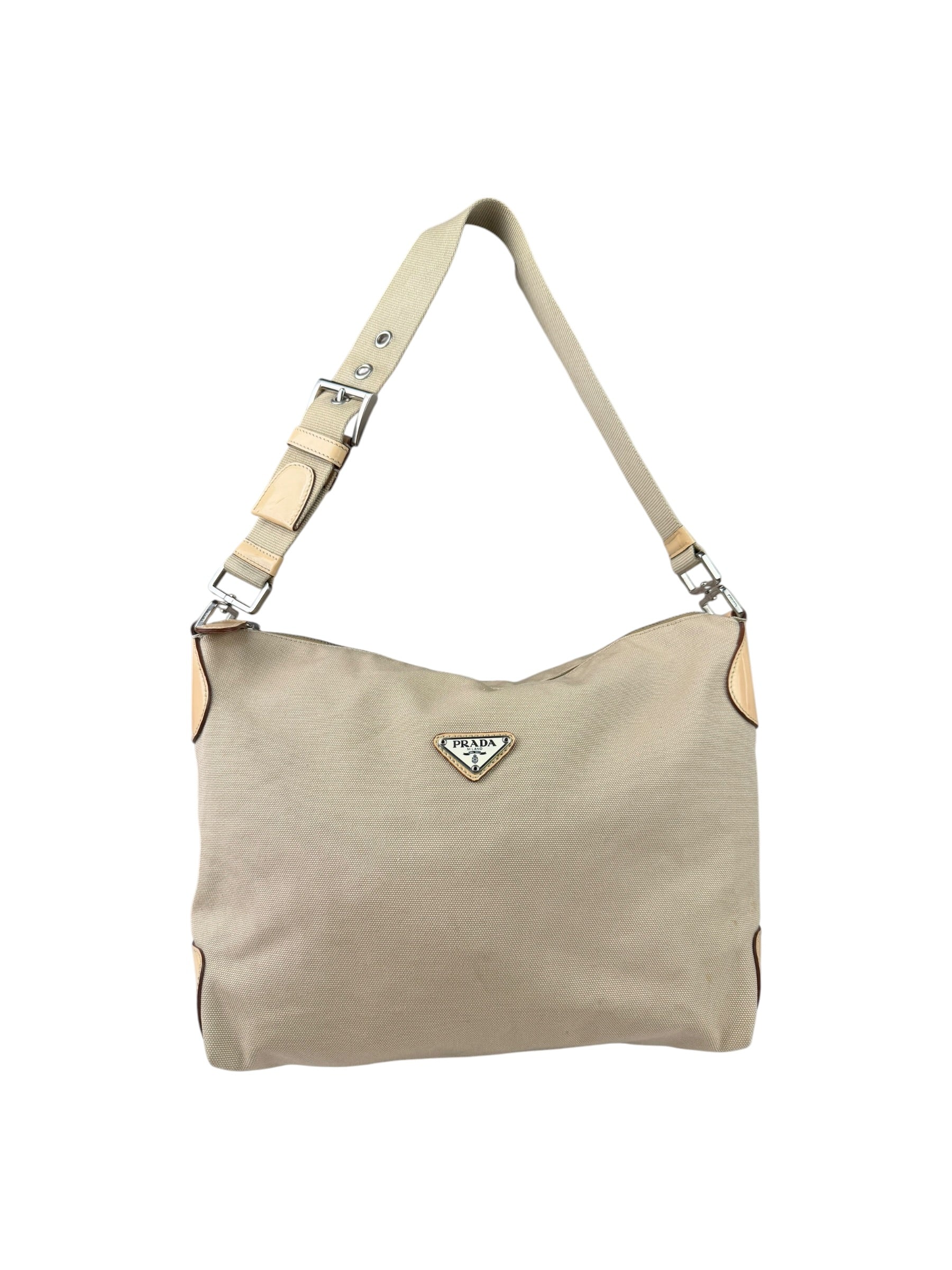 Prada Beige Cloth/Patent Leather Trim Shoulder Bag