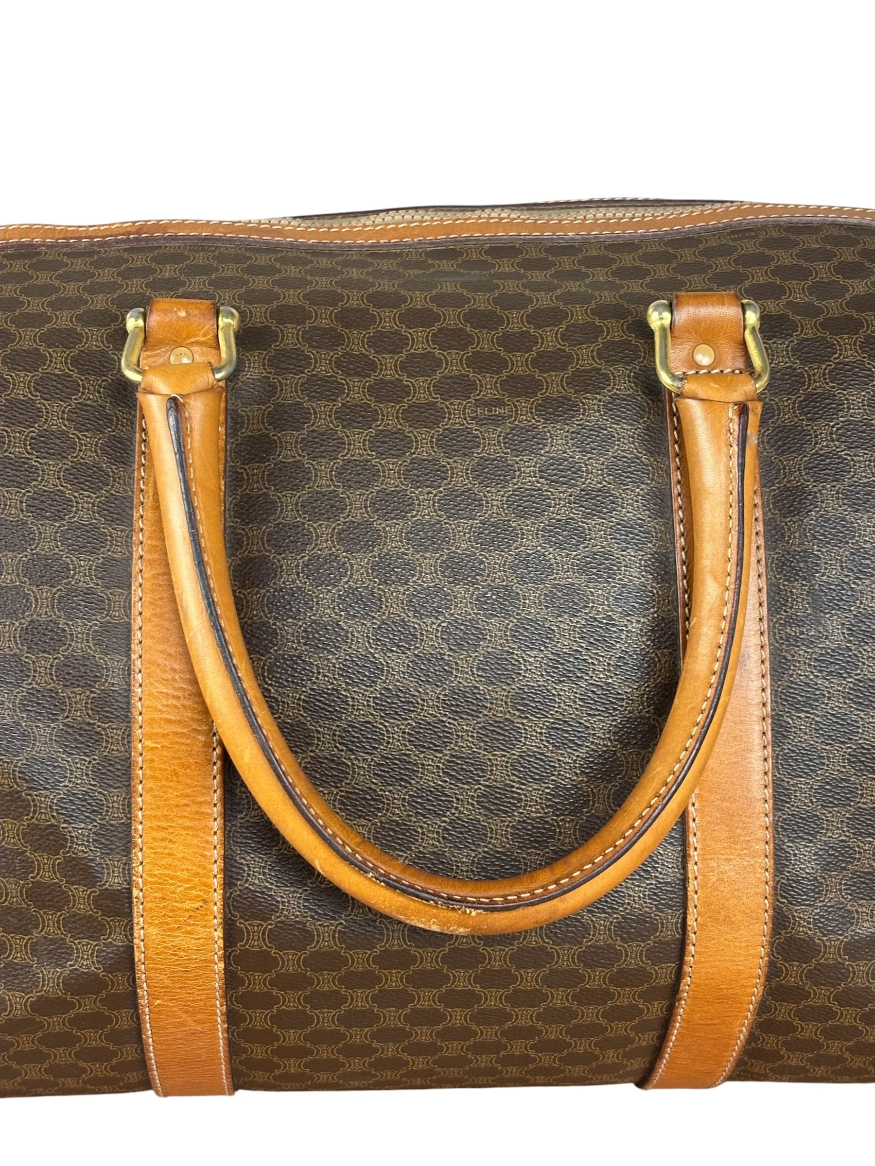 Celine Brown Leather Canvas Macadam Travel Handbag