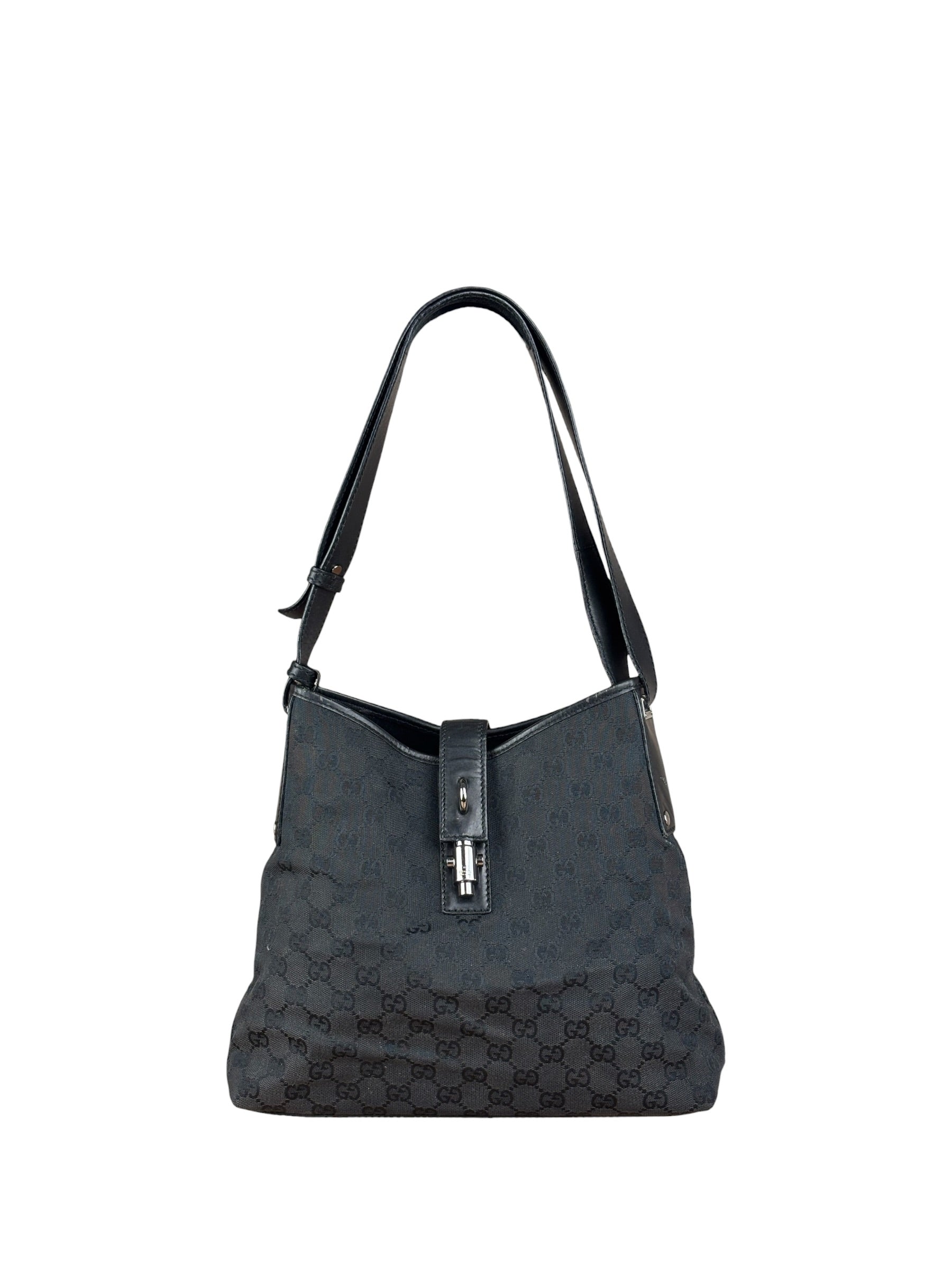 Gucci Vintage Leather Trim GG Canvas Jackie Piston Hobo Bag
