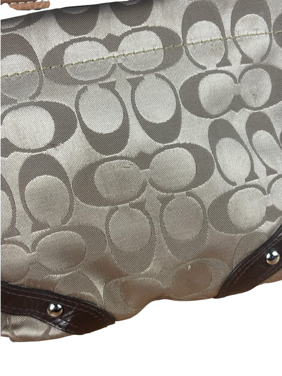 Coach Beige/Brown Leather Trim Signature Mini Carly Hobo Bag