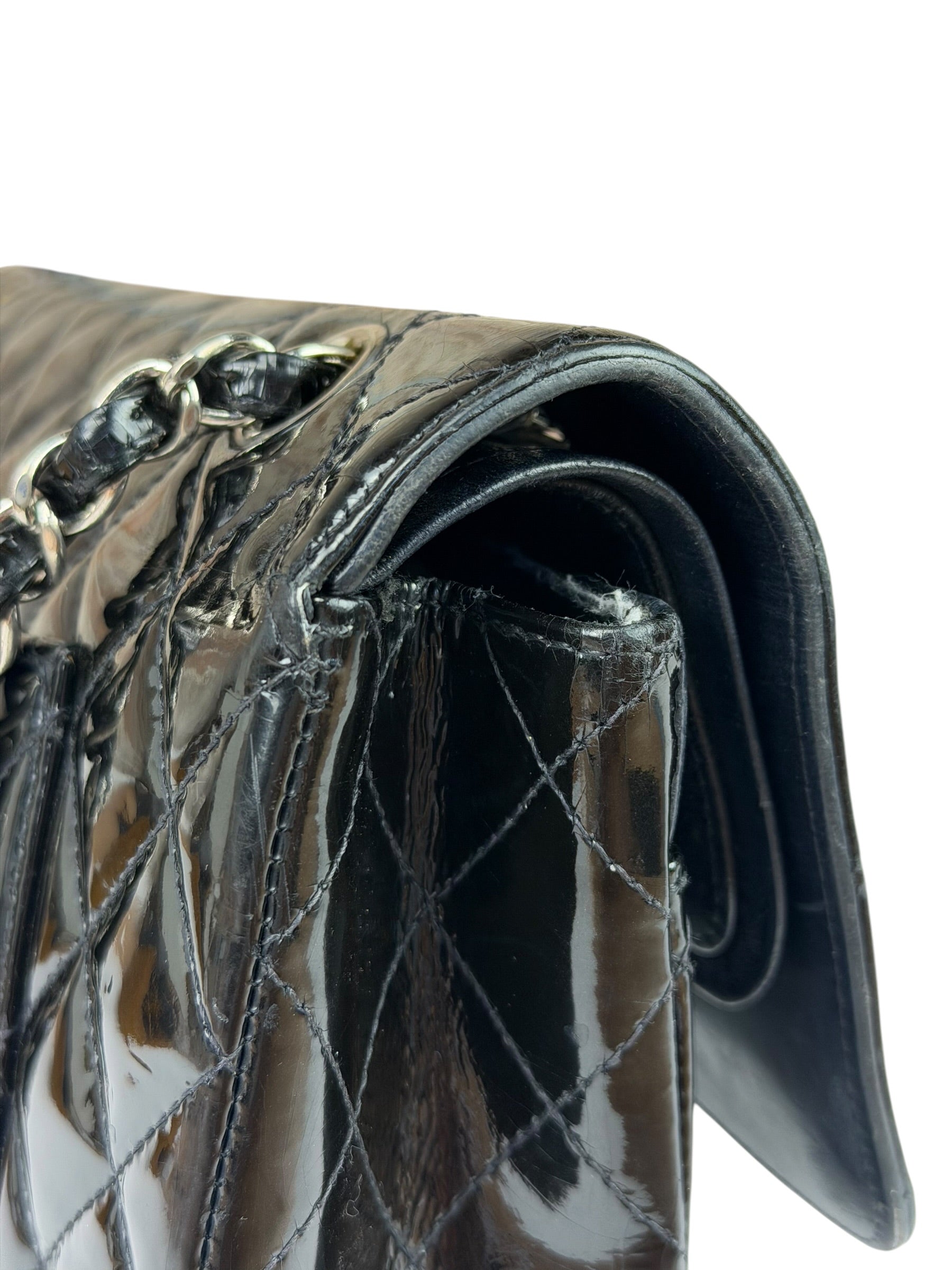 Chanel Black Patent Quilted Leather Double Flap Bag