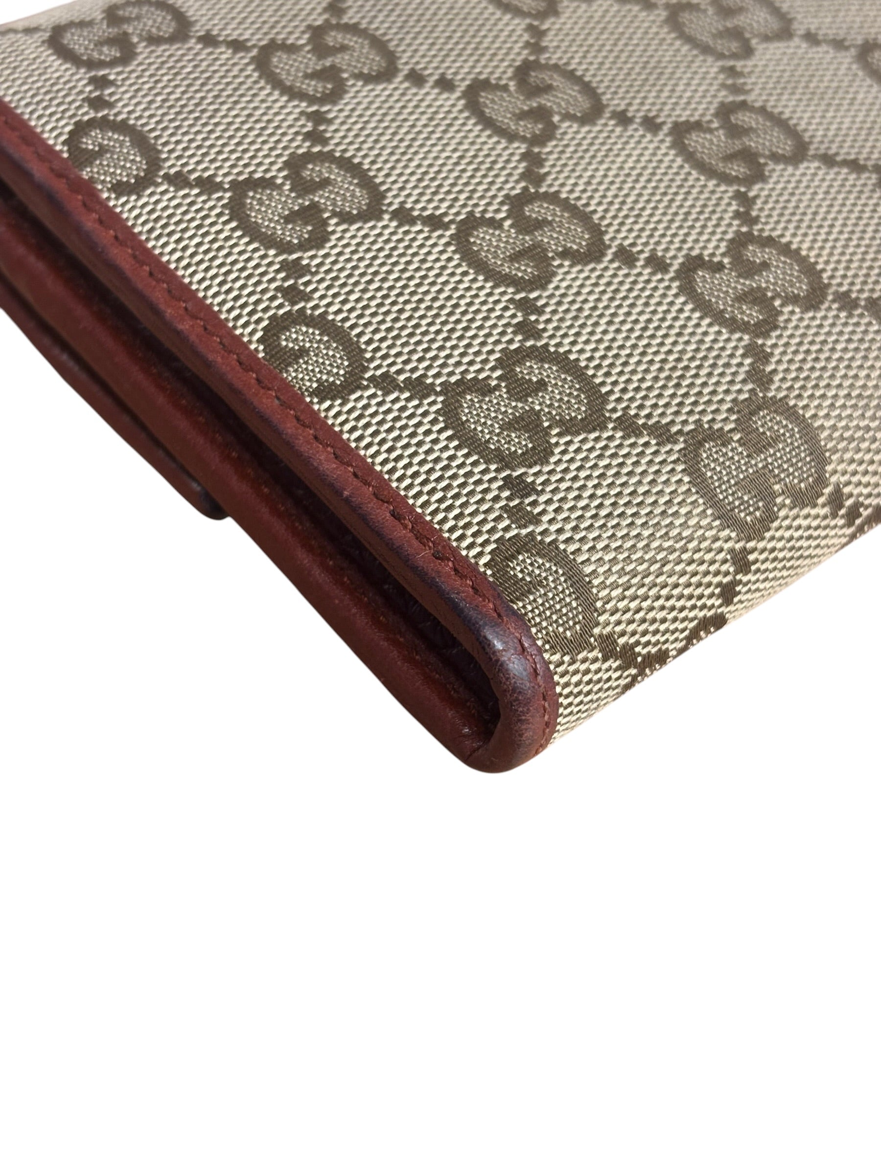 Gucci Vintage Burgundy Leather Trim GG Canvas Continental Wallet