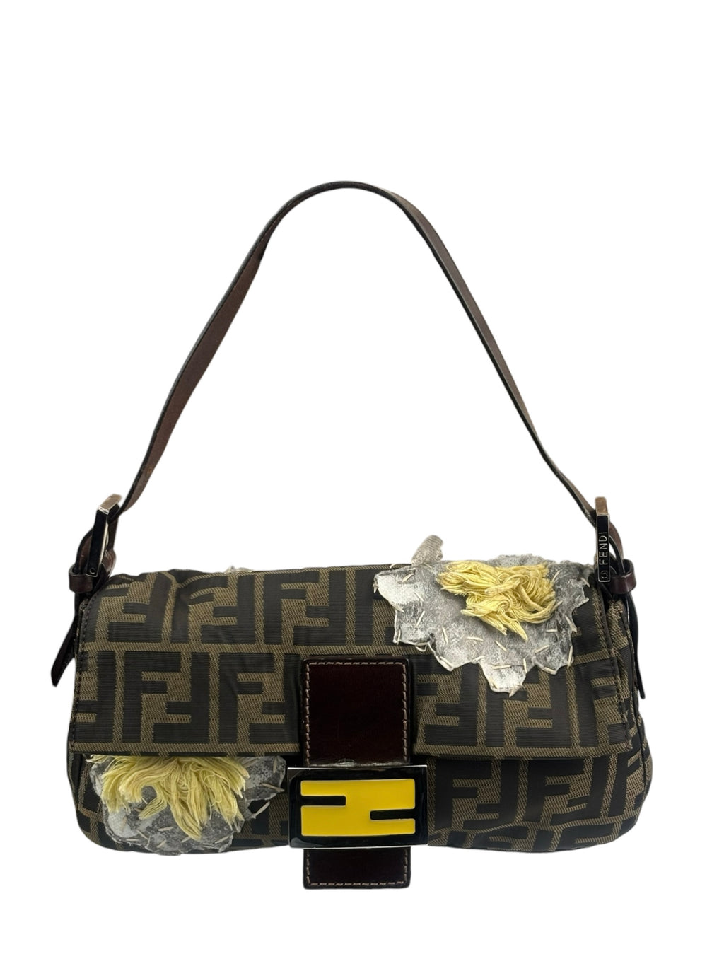 Fendi Brown Leather Trim Zucca Floral Embroidered Baguette