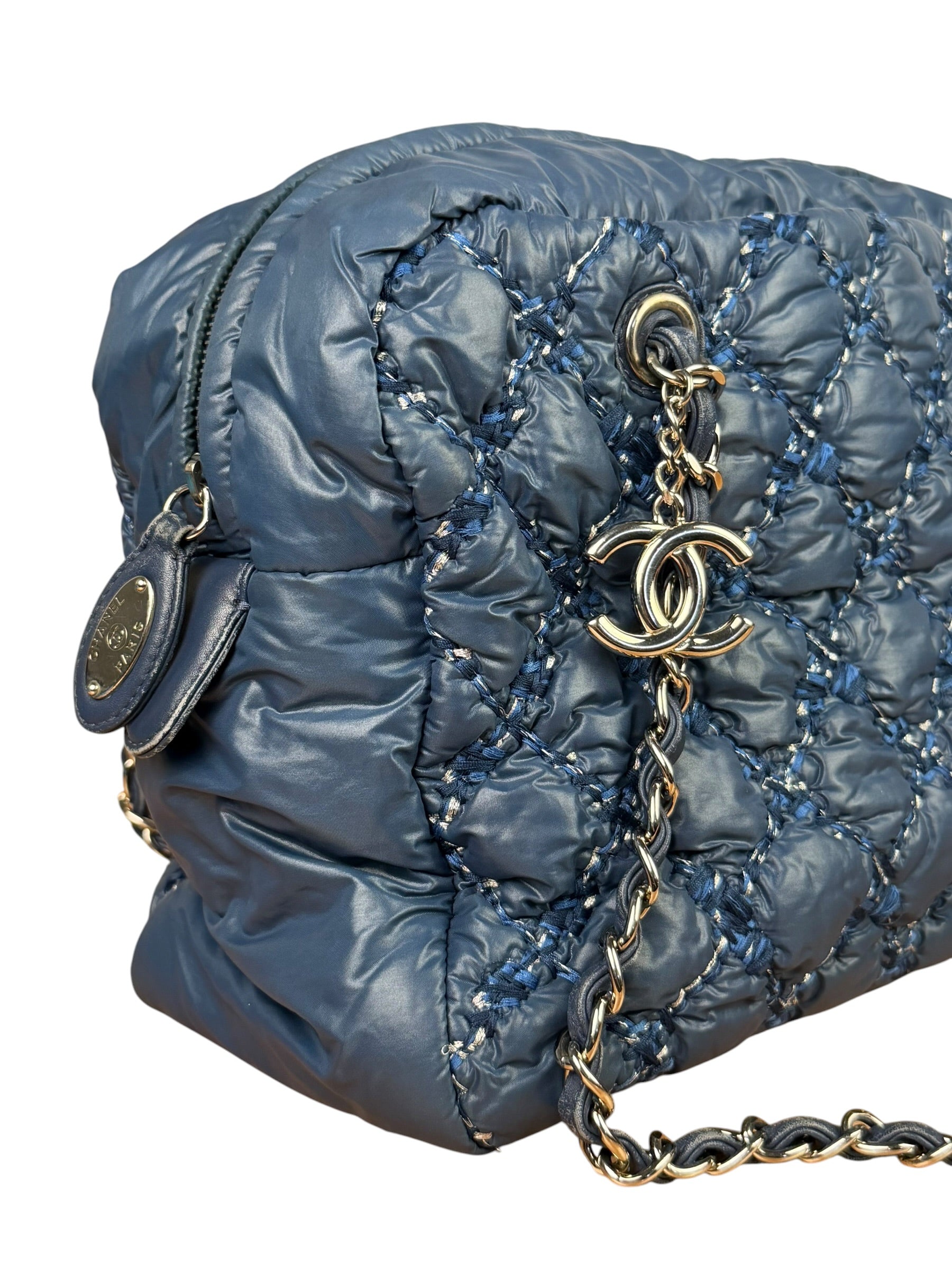 Chanel Blue Leather Trim/Nylon Tweed Stitch Puffer Chain Shoulder Bag 2010