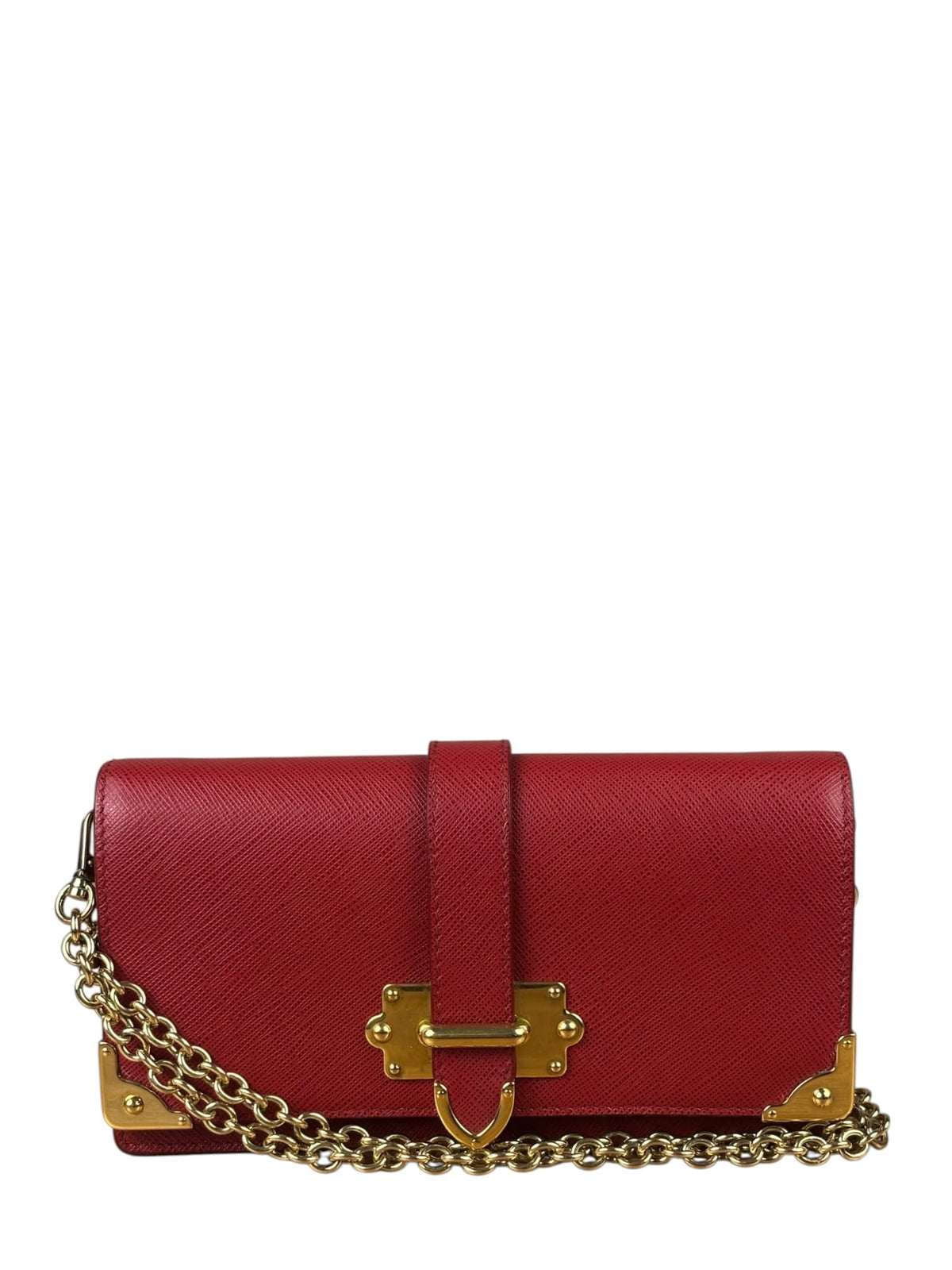 Prada Red Saffiano Leather Flap Wallet On Chain