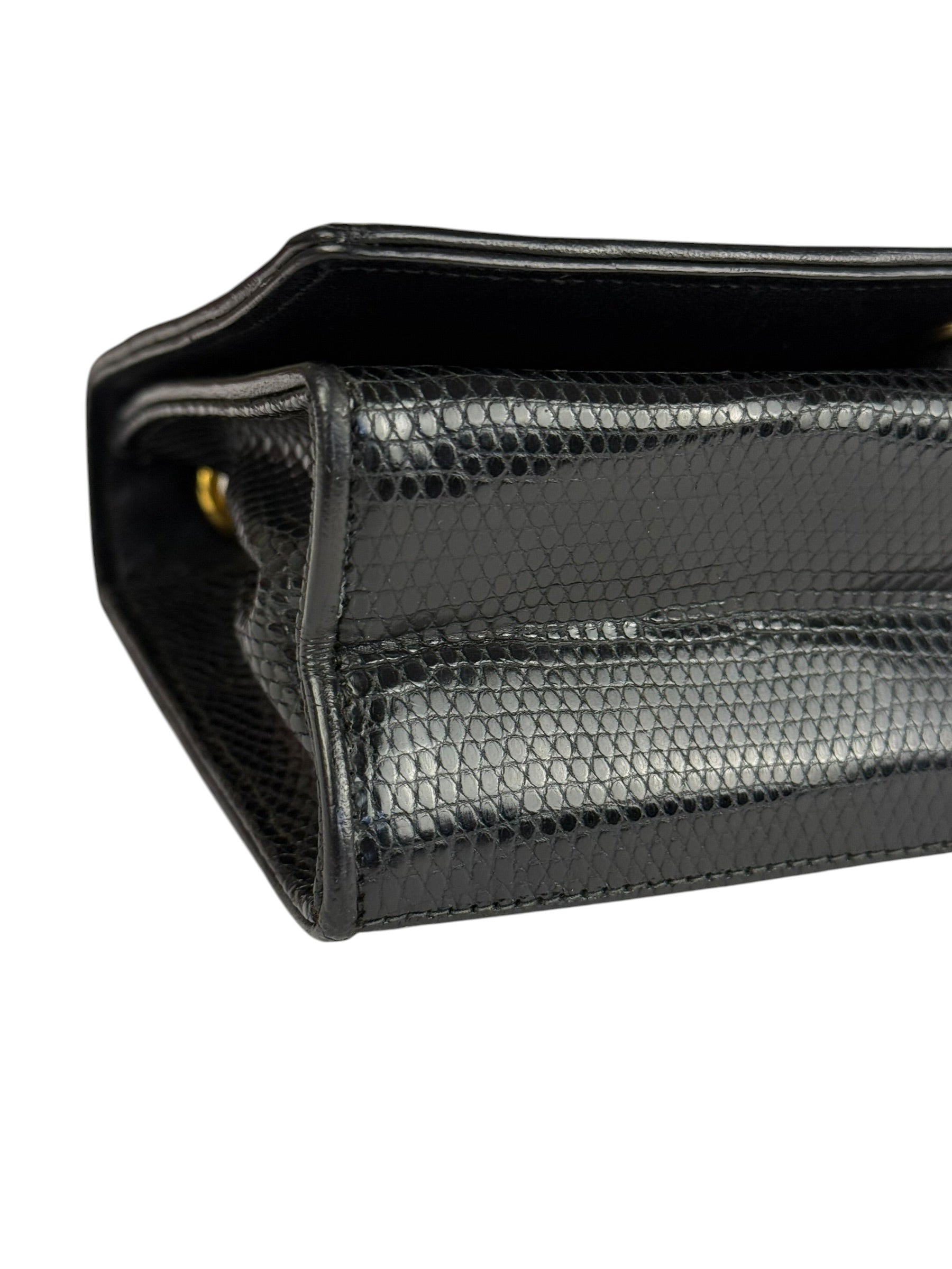 Chanel Vintage Black Lizard Leather Chain Flap Bag 1987