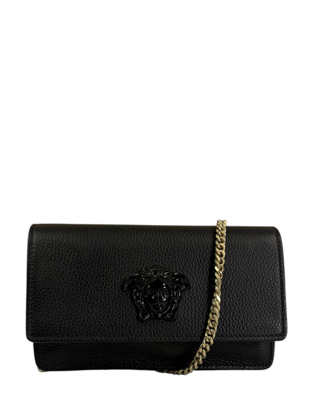 Versace Black Leather Palazzo Medusa Flap Wallet On Chain